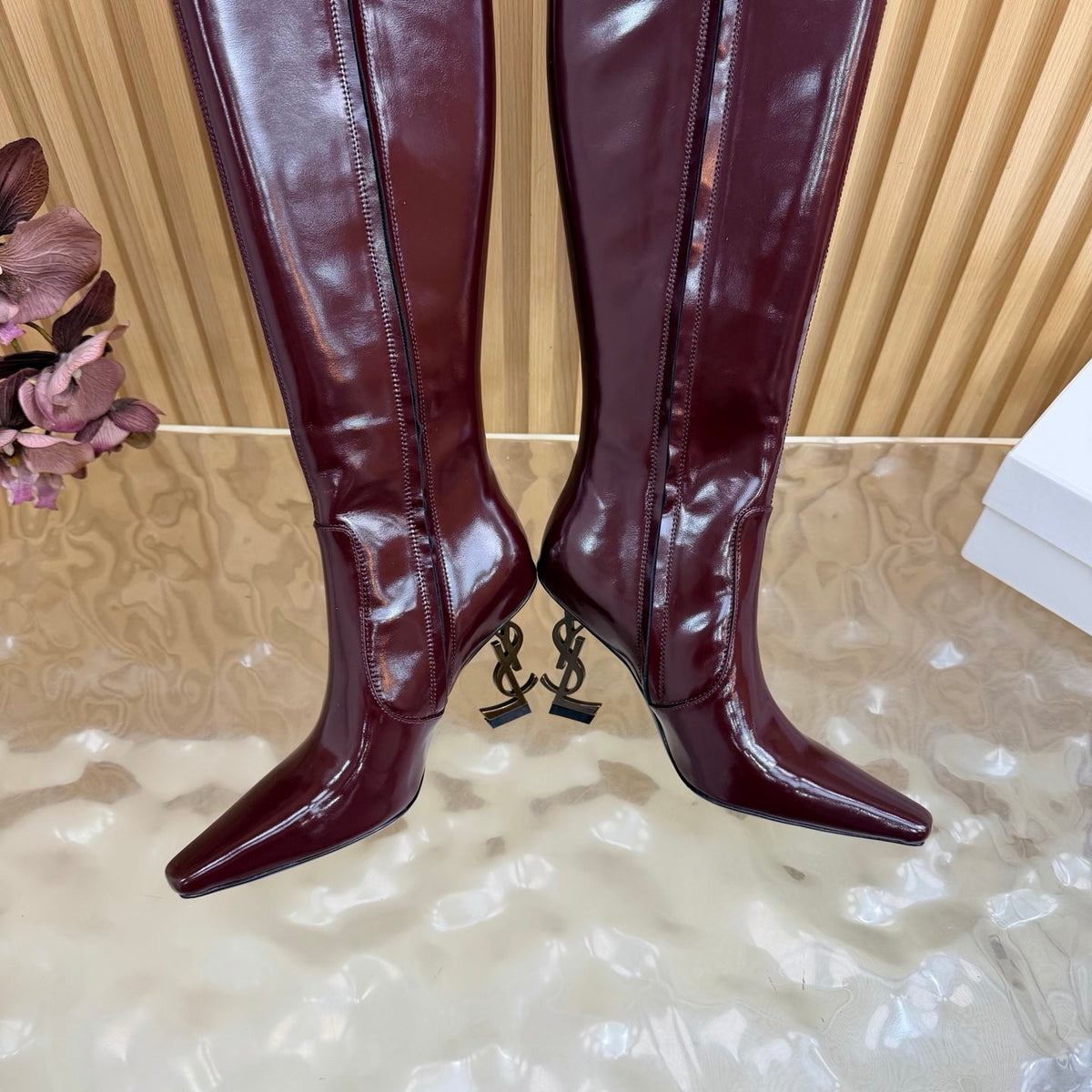 YSL 26s Pointed Toe Knee High Boots 8cm Burgundy Patent Leather 122779