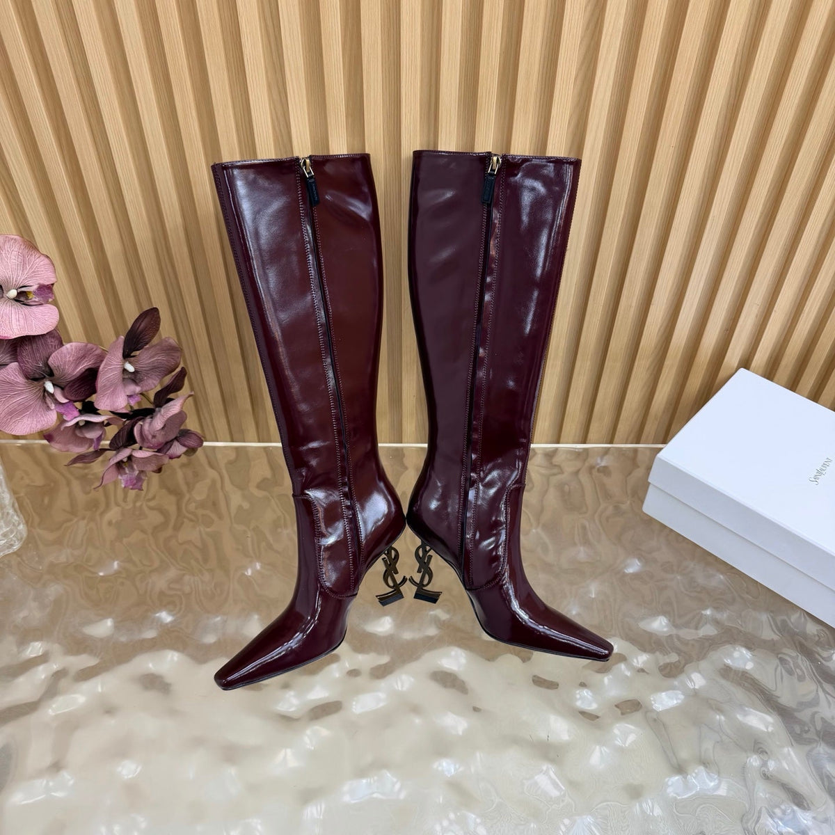 YSL 26s Pointed Toe Knee High Boots 8cm Burgundy Patent Leather 122779