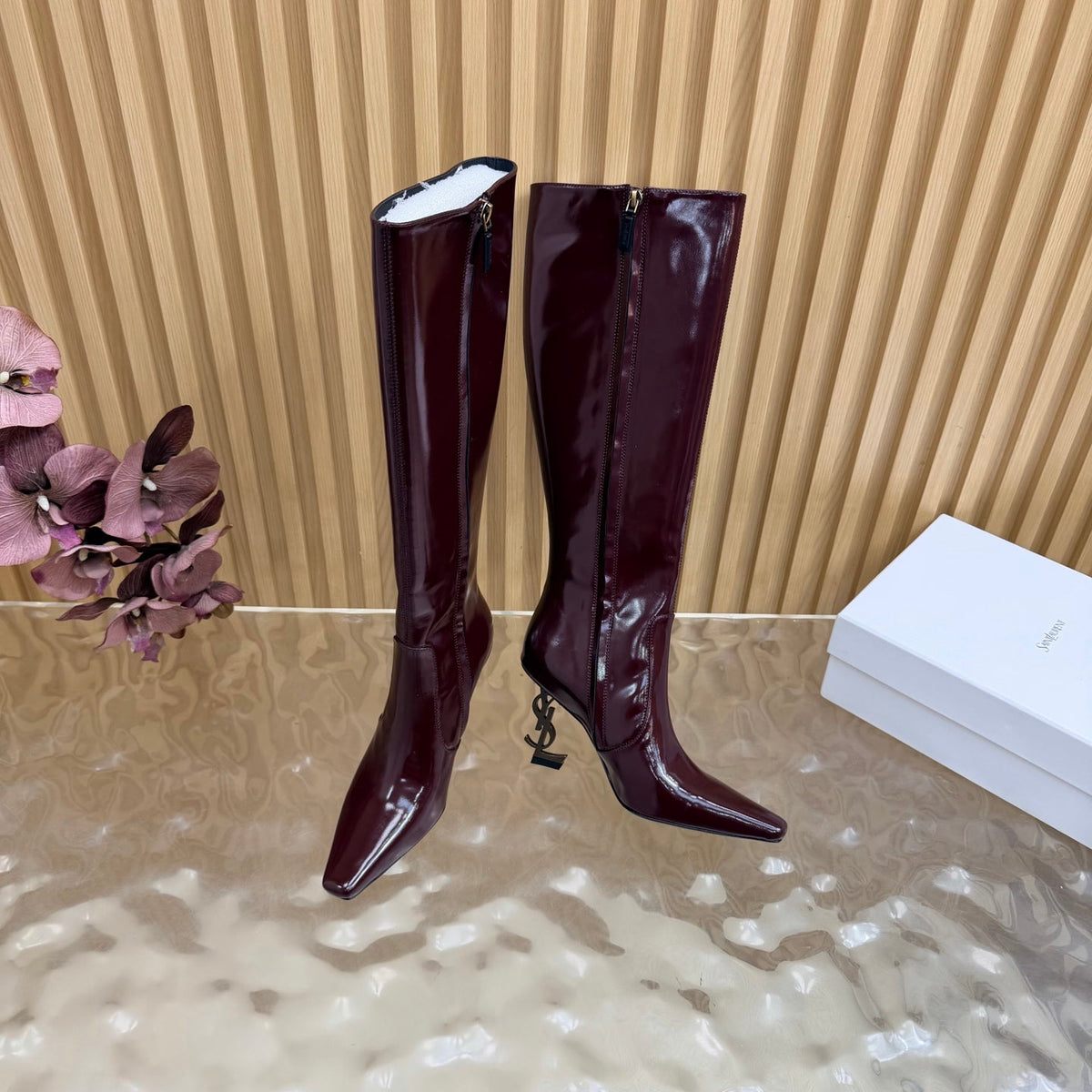 YSL 26s Pointed Toe Knee High Boots 8cm Burgundy Patent Leather 122779