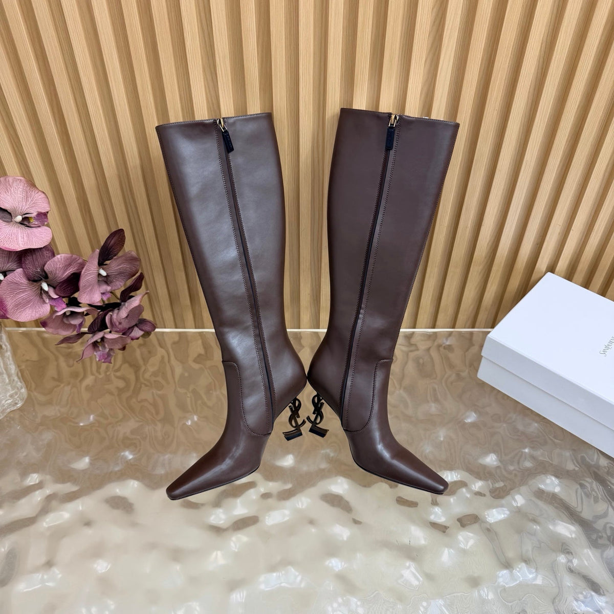 YSL 26s Pointed Toe Knee High Boots 8cm Dark Brown Leather 122783