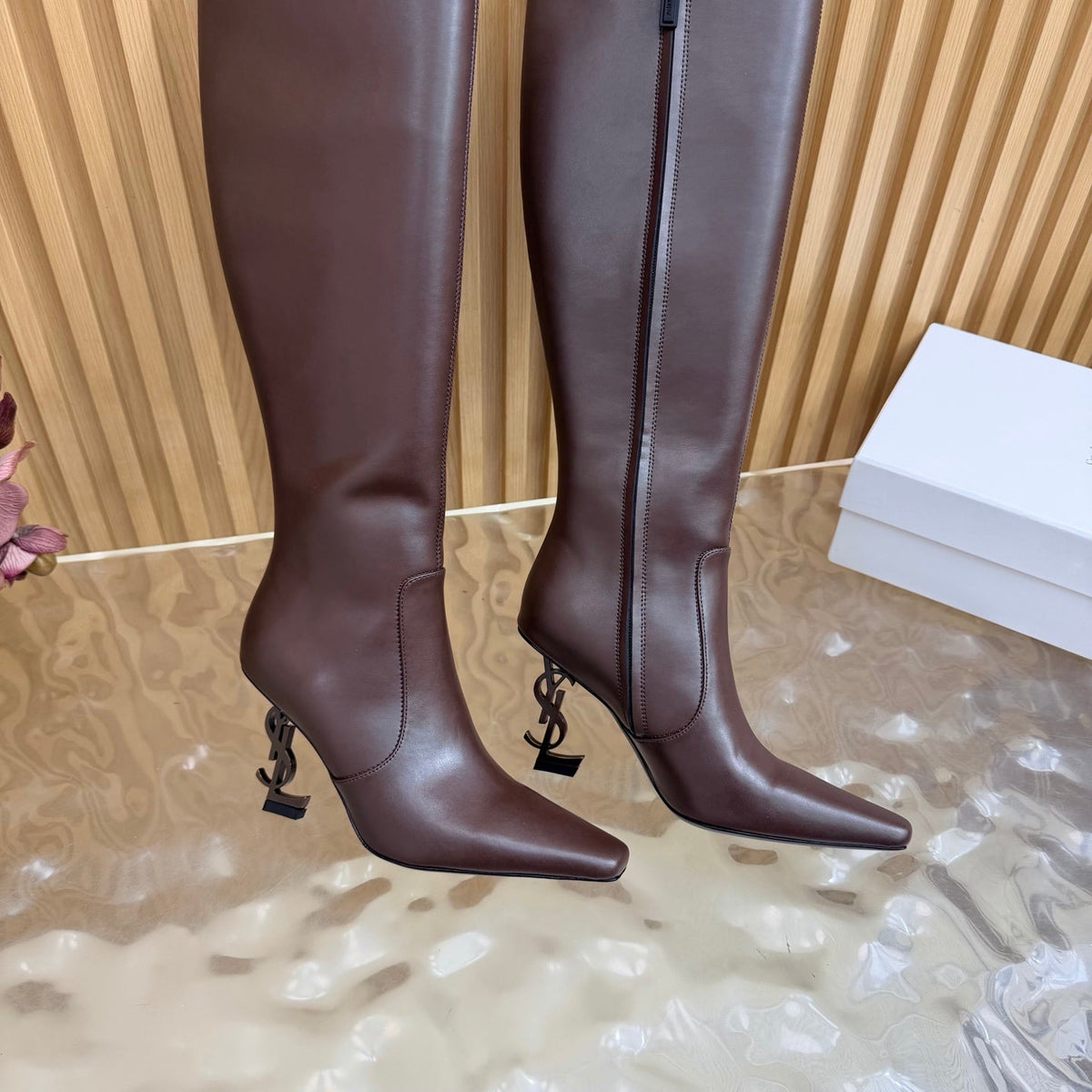 YSL 26s Pointed Toe Knee High Boots 8cm Dark Brown Leather 122783
