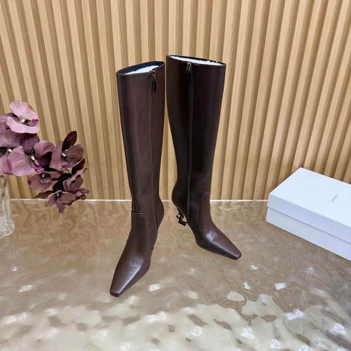 YSL 26s Pointed Toe Knee High Boots 8cm Dark Brown Leather 122783