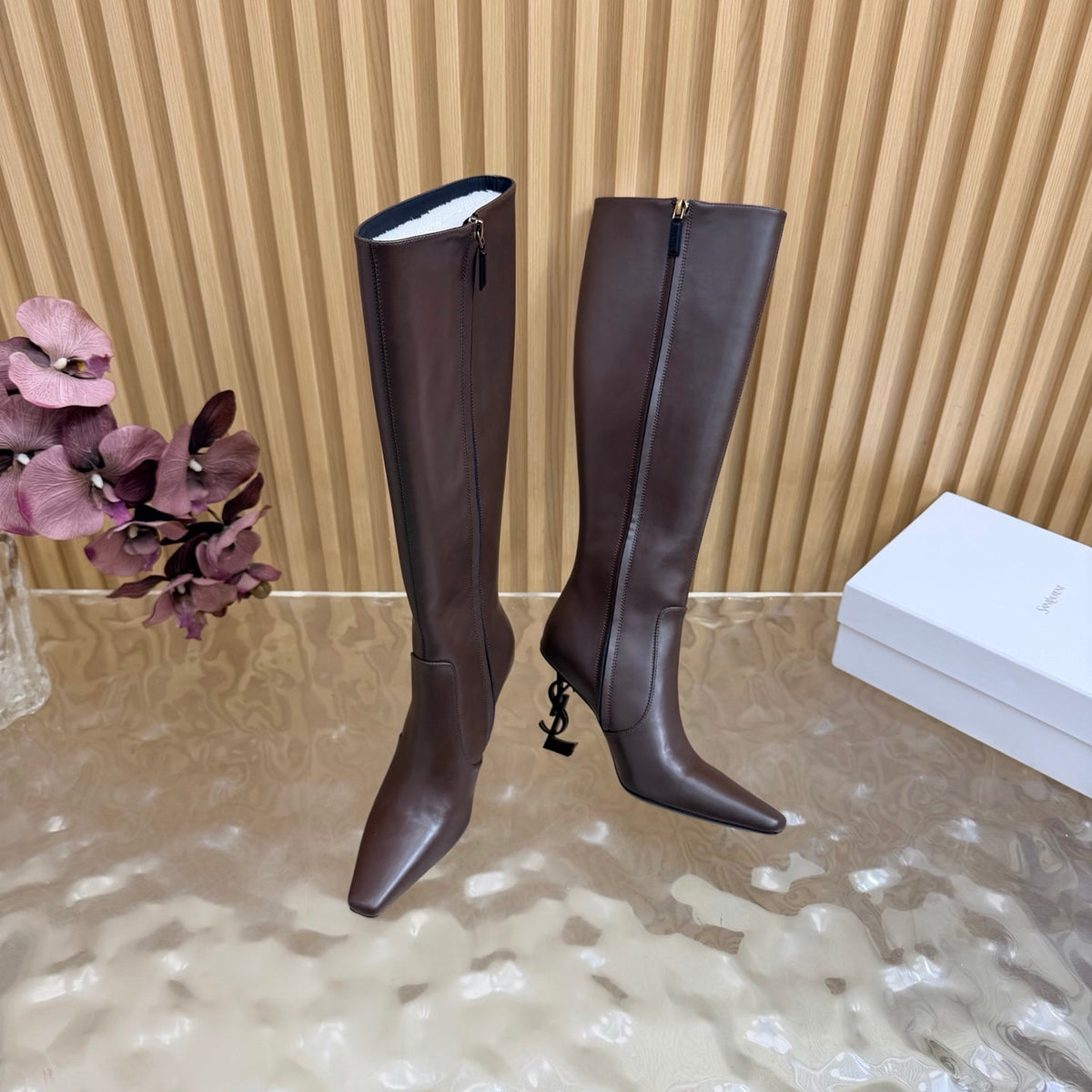YSL 26s Pointed Toe Knee High Boots 8cm Dark Brown Leather 122783