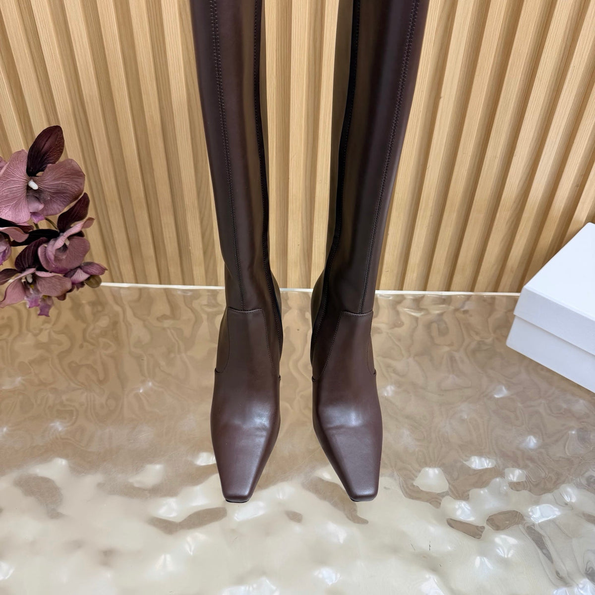 YSL 26s Pointed Toe Knee High Boots 8cm Dark Brown Leather 122783