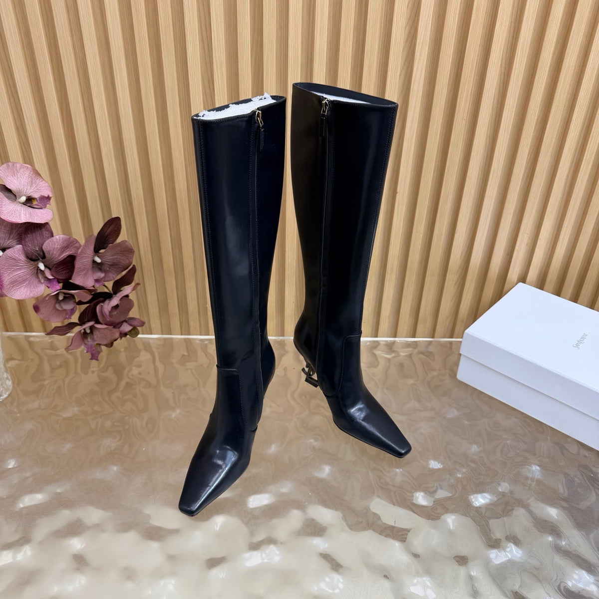 YSL 26s Pointed Toe Knee High Boots 8cm Black Leather 122784