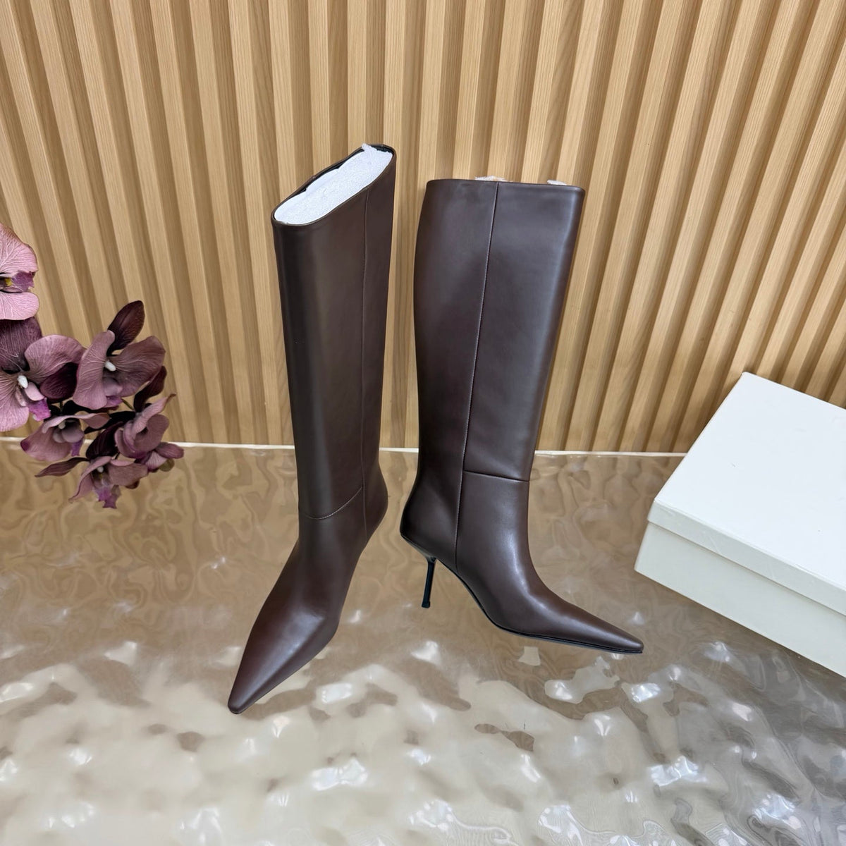 YSL 26s Pointed Toe Knee High Boots 8cm Dark Brown Leather 122772