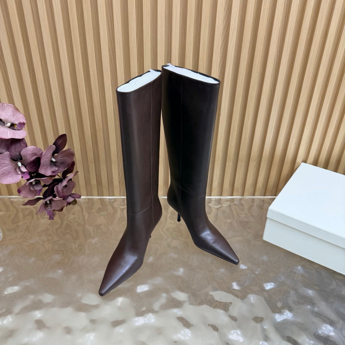 YSL 26s Pointed Toe Knee High Boots 8cm Dark Brown Leather 122772