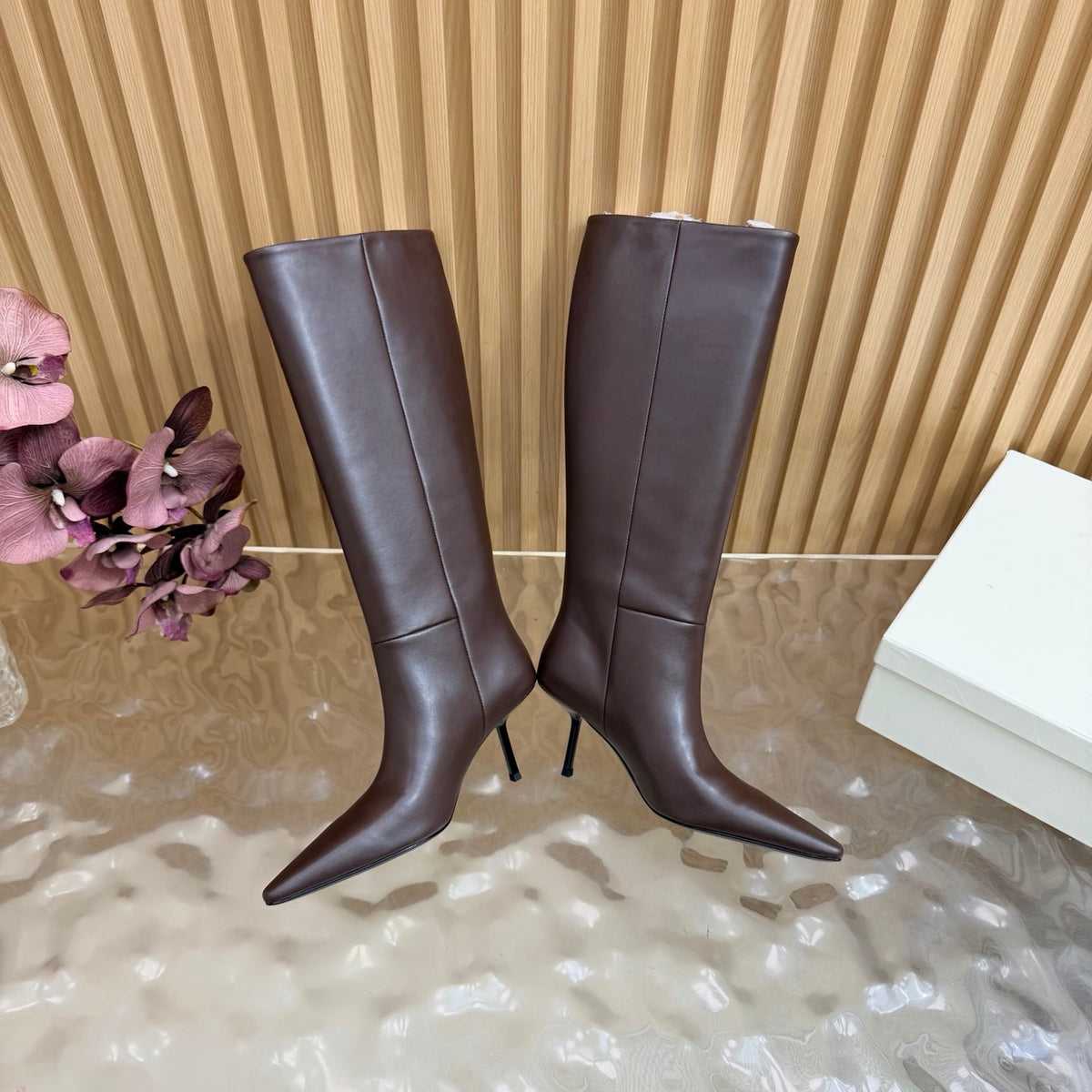 YSL 26s Pointed Toe Knee High Boots 8cm Dark Brown Leather 122772