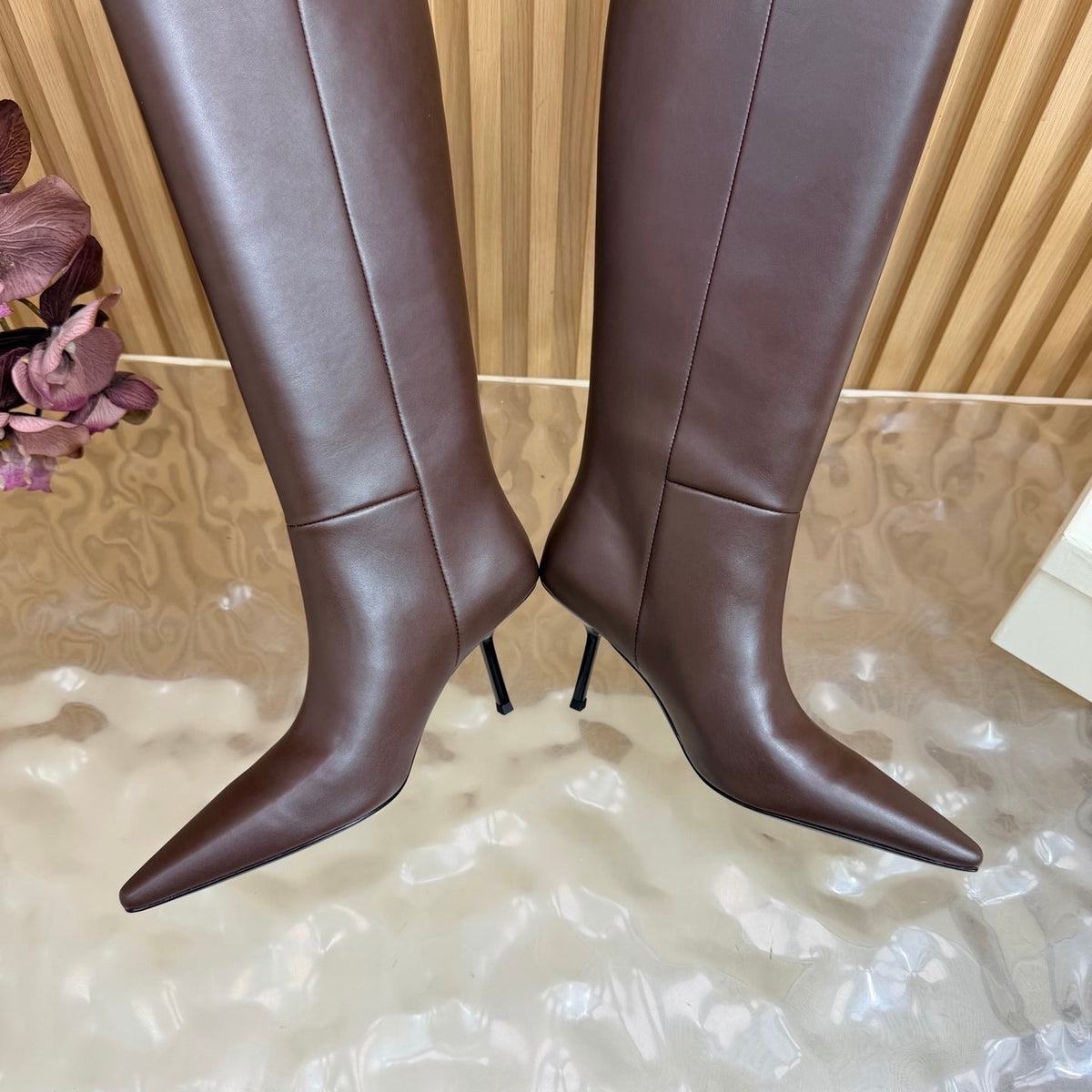 YSL 26s Pointed Toe Knee High Boots 8cm Dark Brown Leather 122772