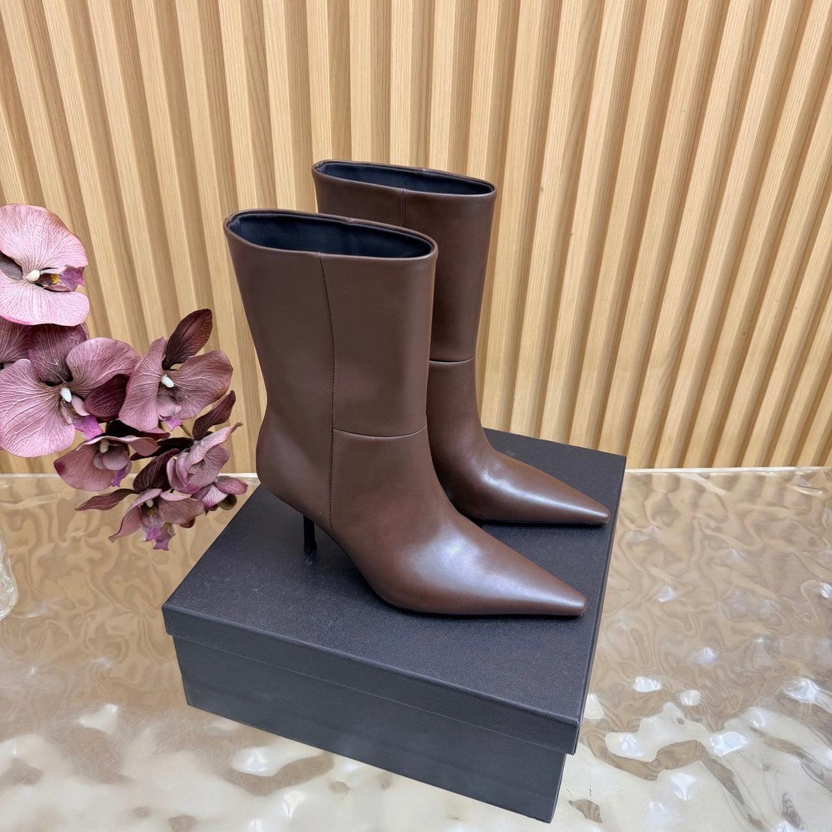 YSL 26s Pointed Toe Ankle Boots Dark Brown Leather 122788