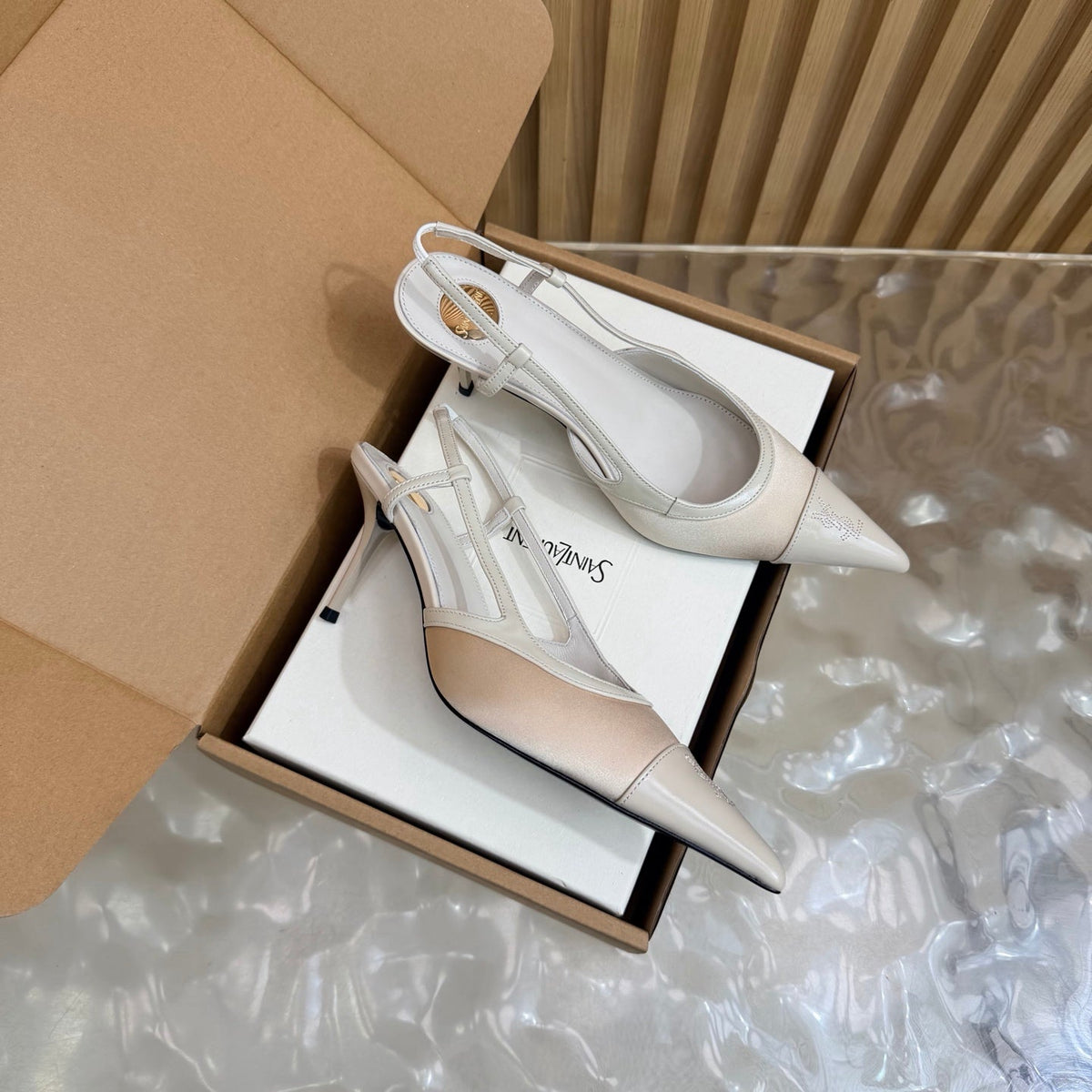 YSL 26s Pointed Toe Slingbacks 7.5cm White Satin Patent 115302