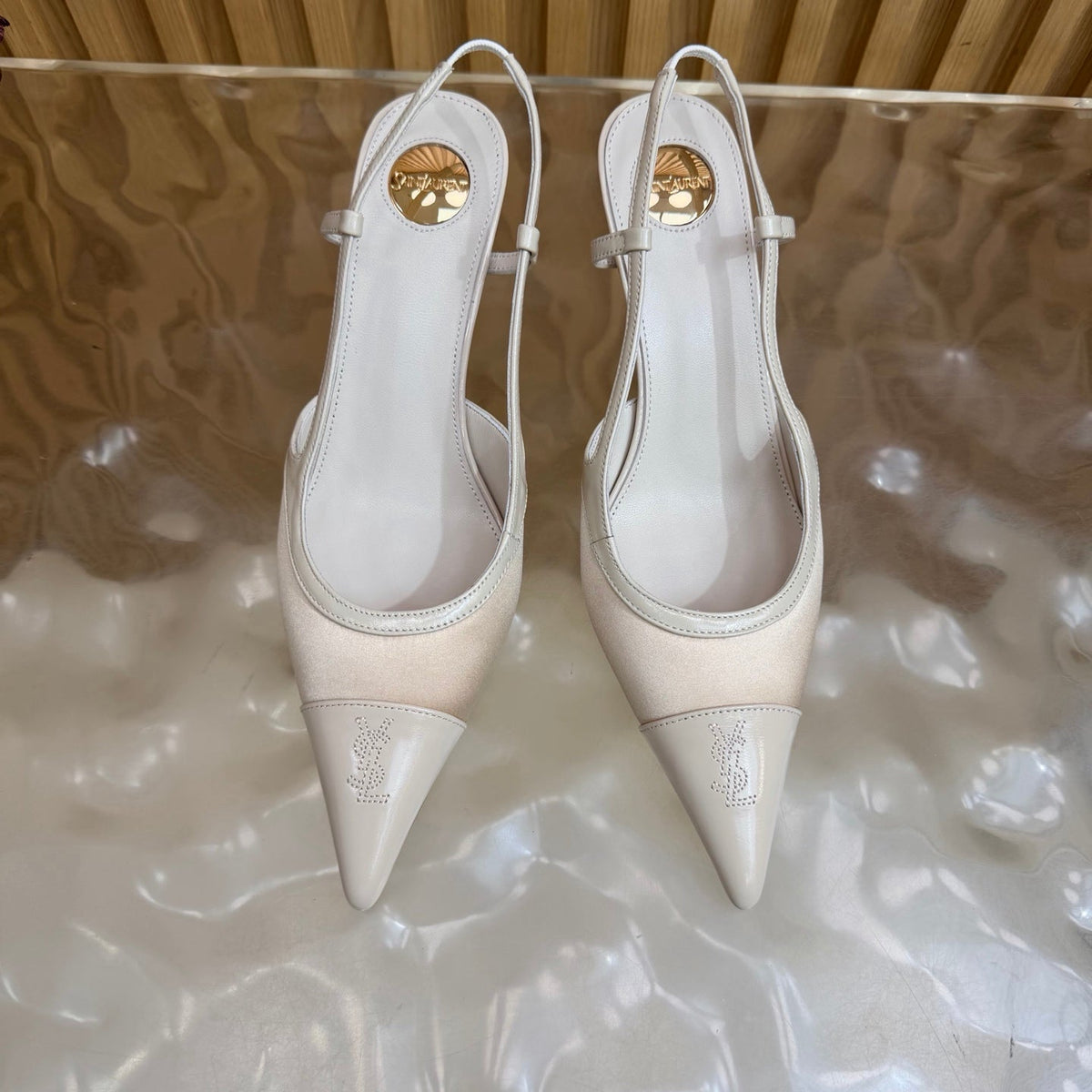 YSL 26s Pointed Toe Slingbacks 7.5cm White Satin Patent 115302