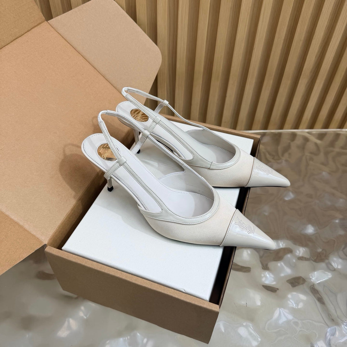 YSL 26s Pointed Toe Slingbacks 7.5cm White Satin Patent 115302
