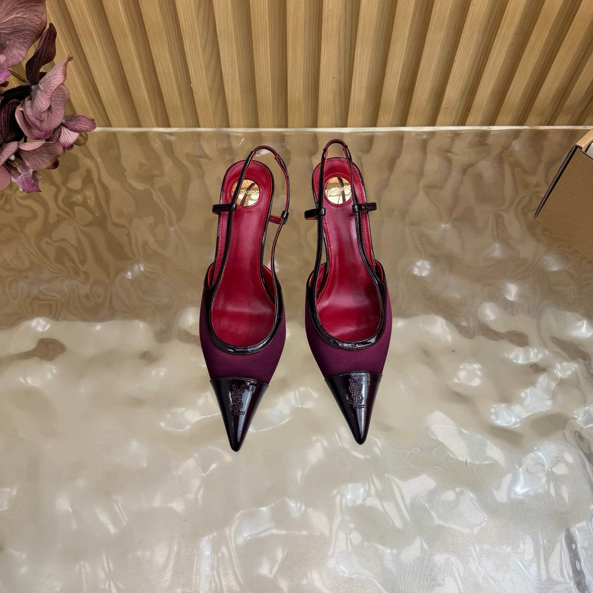 YSL 26s Pointed Toe Slingbacks 7.5cm Burgundy Satin Patent 115303