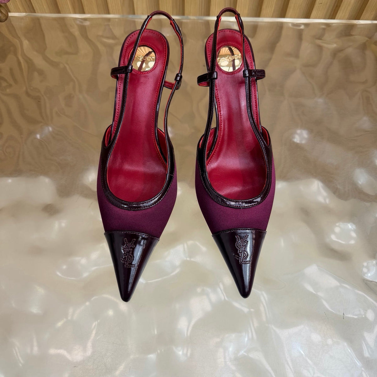YSL 26s Pointed Toe Slingbacks 7.5cm Burgundy Satin Patent 115303