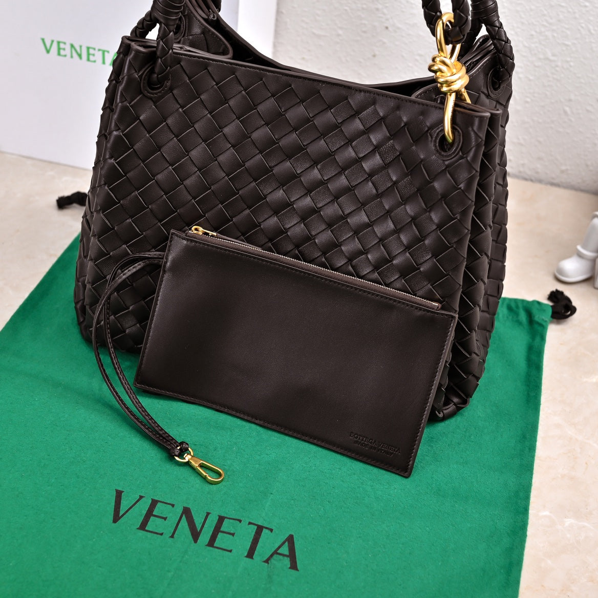 BV 26s Parachute Bag Black Intrecciato Leather 291397