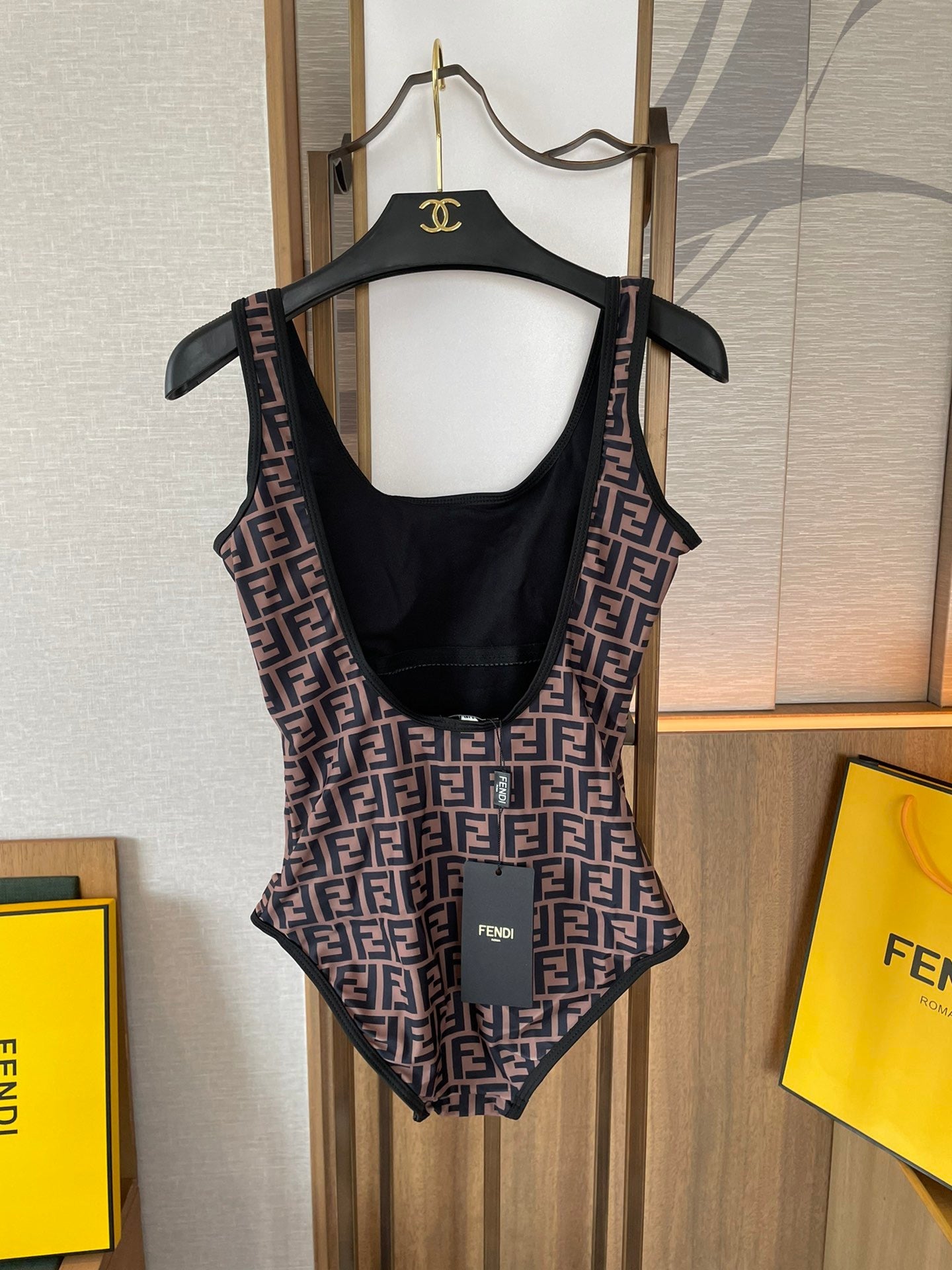 Fendi Reversible One-Piece Swimsuit Black Brown Cotton 180521