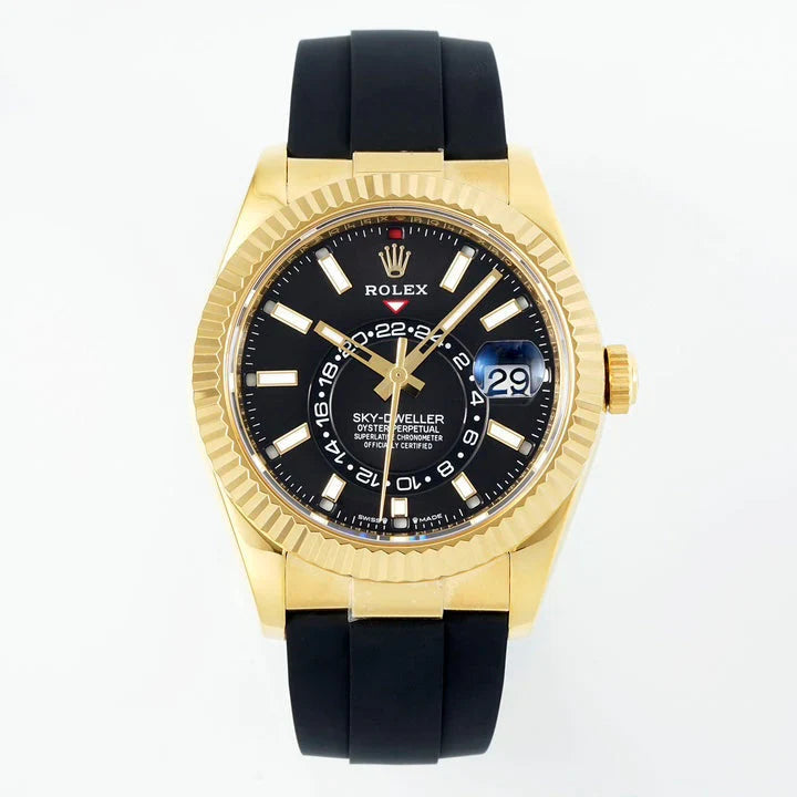 Rolex Sky-Dweller 42mm Gold Case Black Dial Rubber Strap