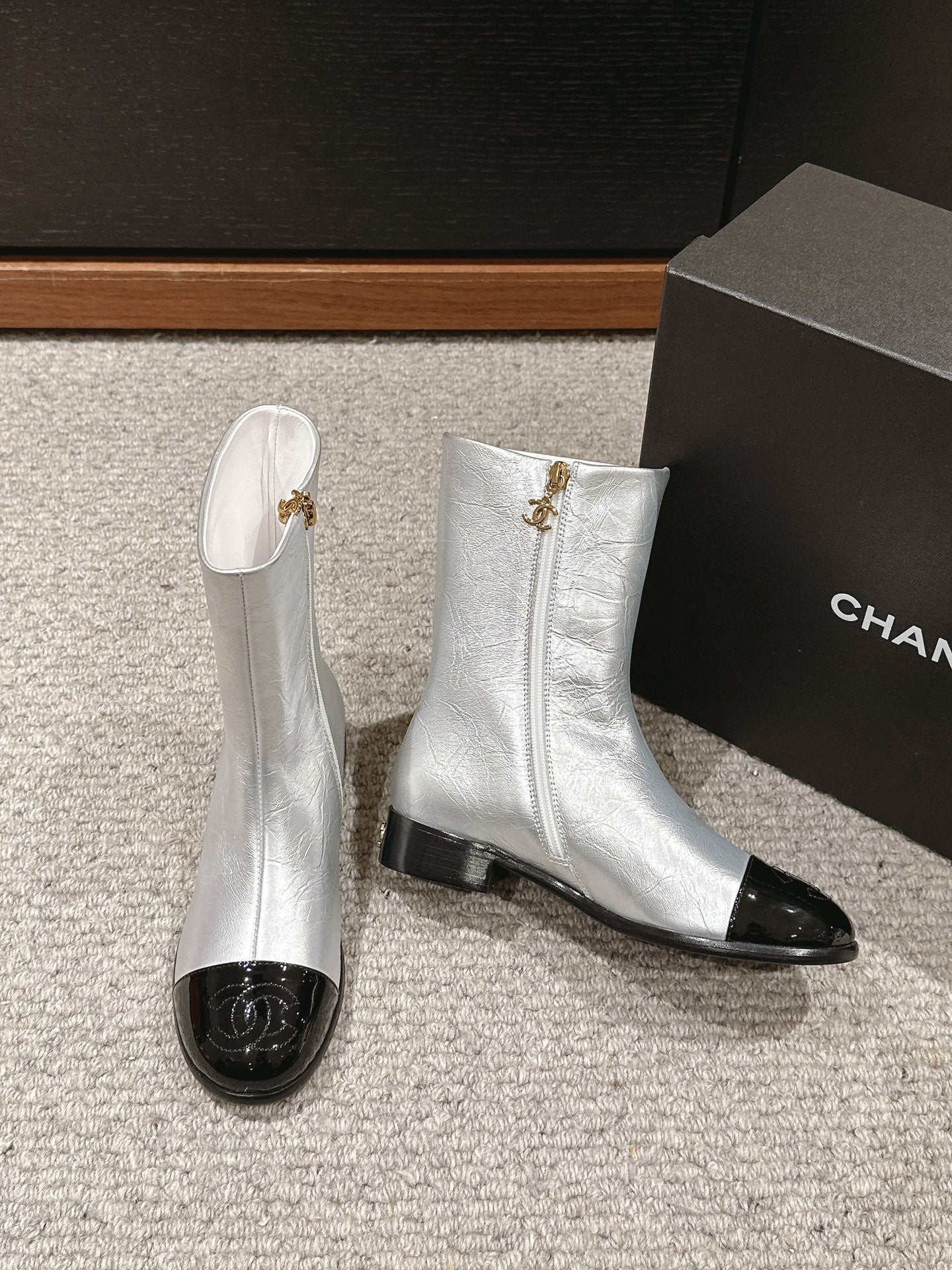 CC Short Boot Silver Metalic Lambskin Black Patent Calfskin
