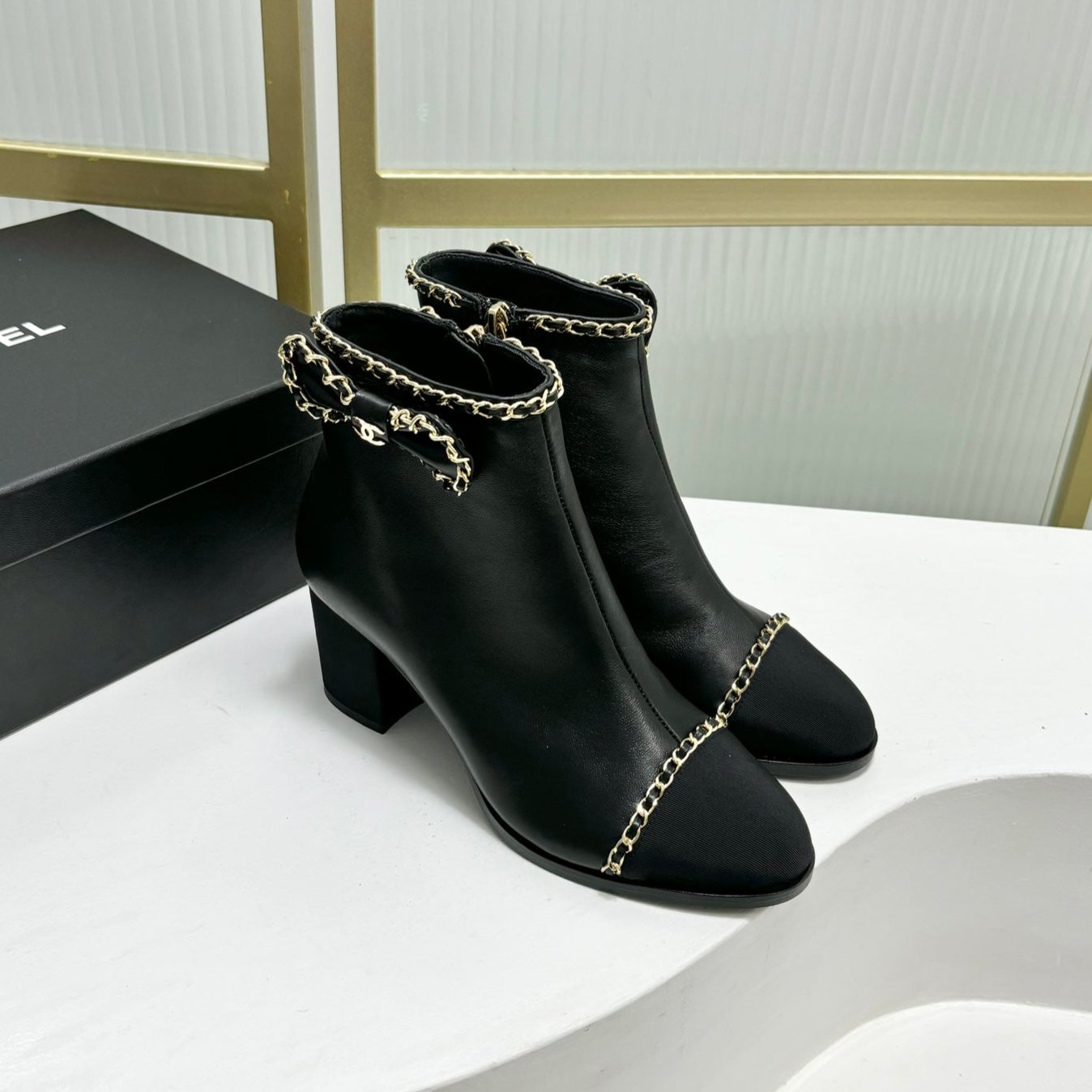CC Ankle Boot 65 Black Calfkin Grosgrain Leather Strap
