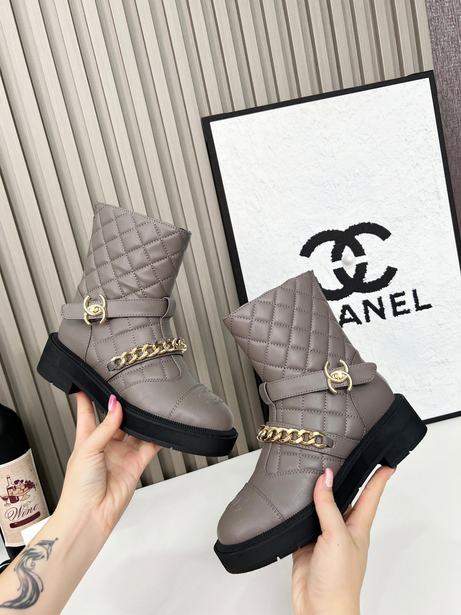 CC 26s Quilted Chain Boots Taupe Calfskin 924502