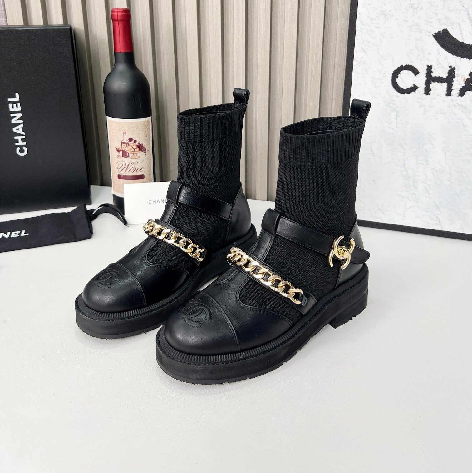 CC Paris Runway Ankle Boots Black Calfskin Wool 597917