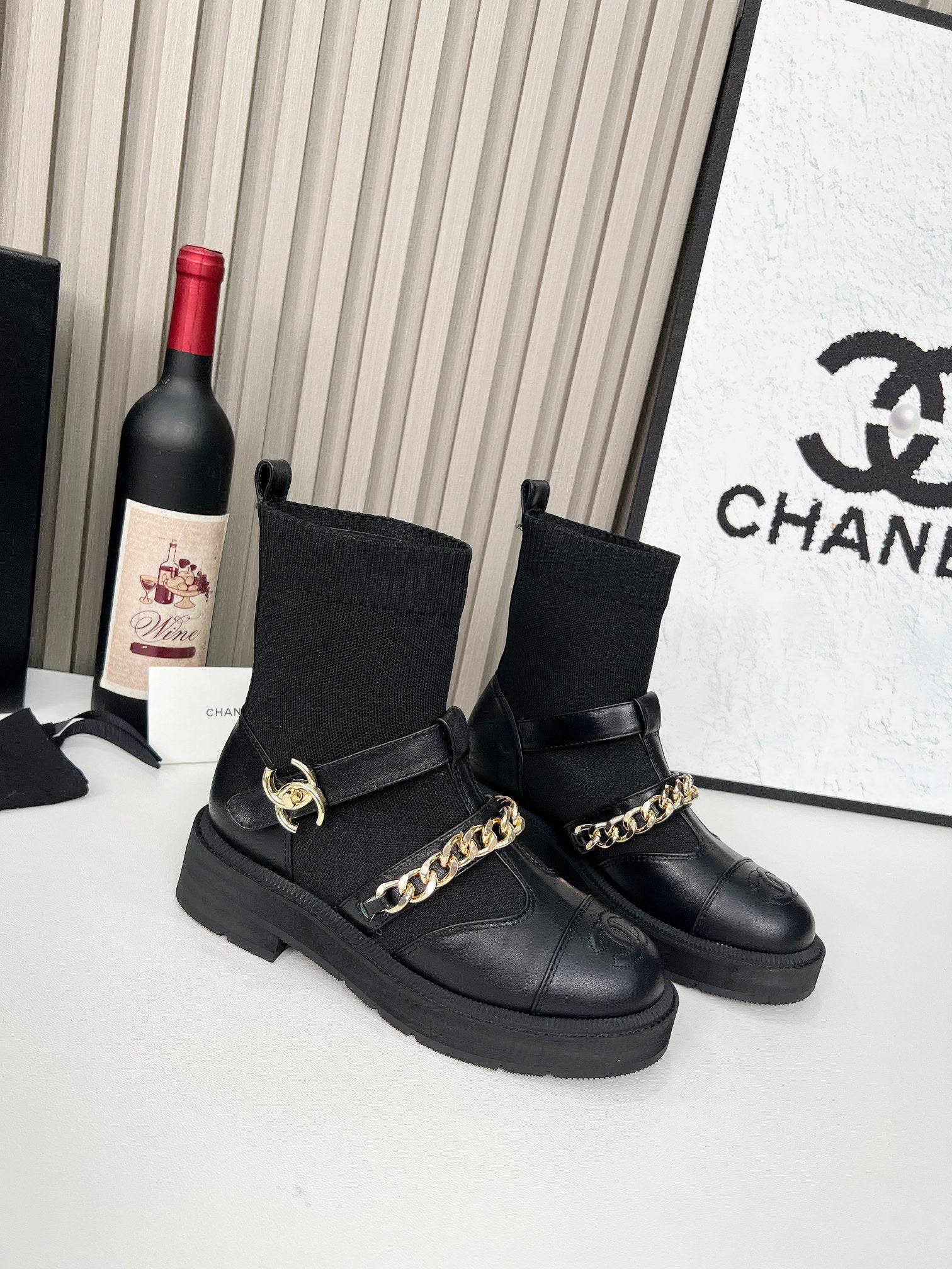 CC Paris Runway Ankle Boots Black Calfskin Wool 597917