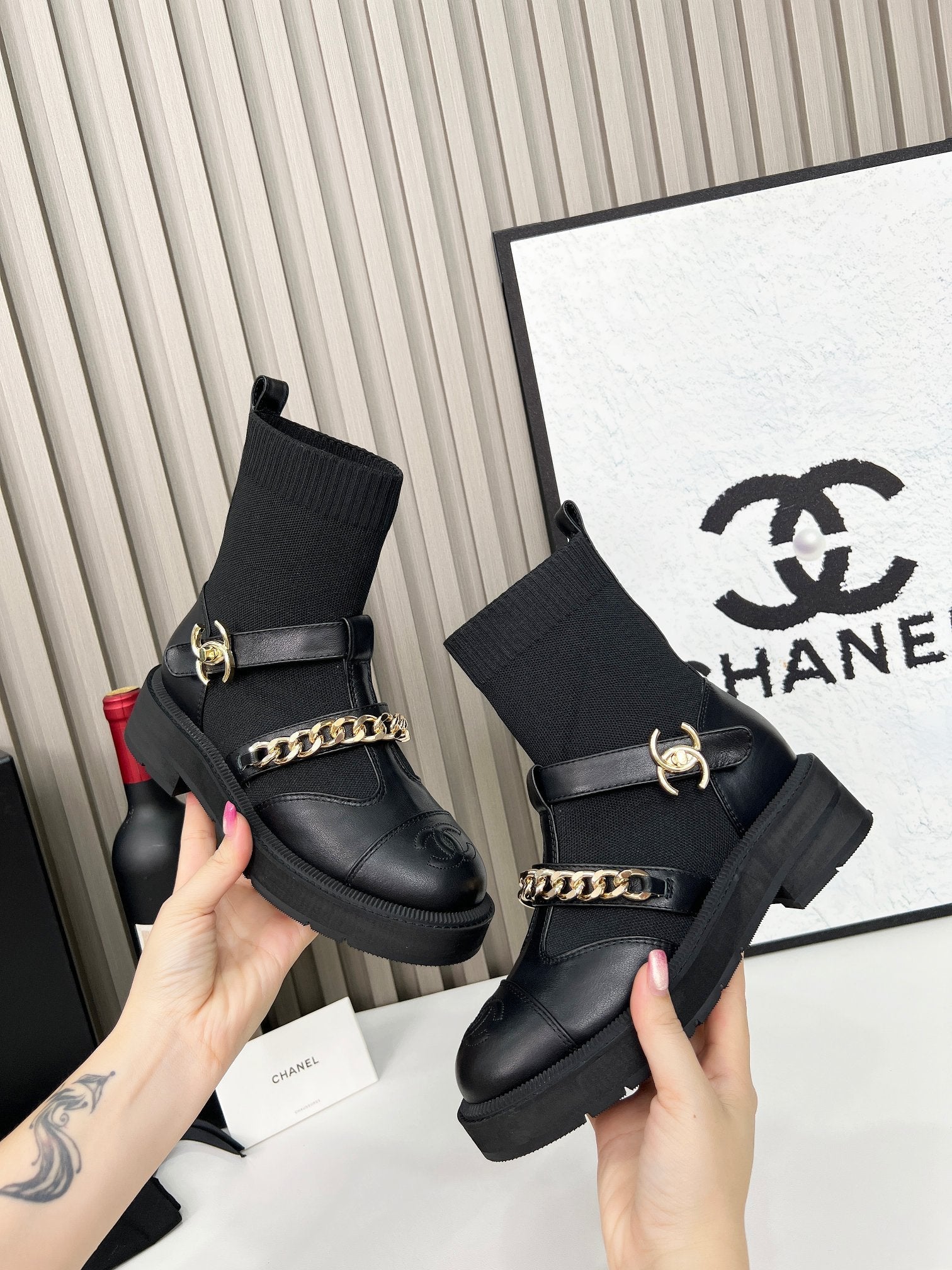 CC Paris Runway Ankle Boots Black Calfskin Wool 597917