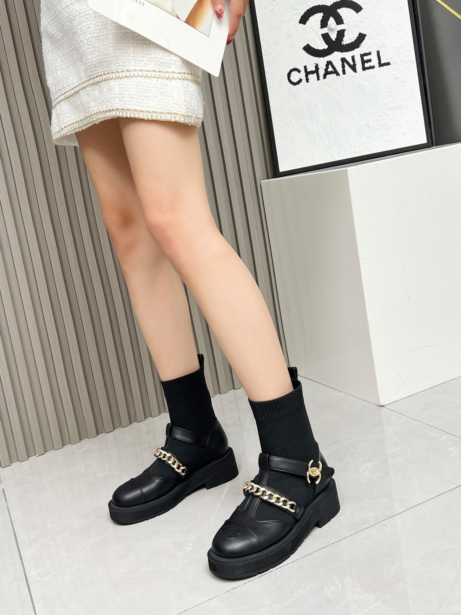 CC 26s Combat Sock Boots Black Calfskin Ribbed Knit 924507