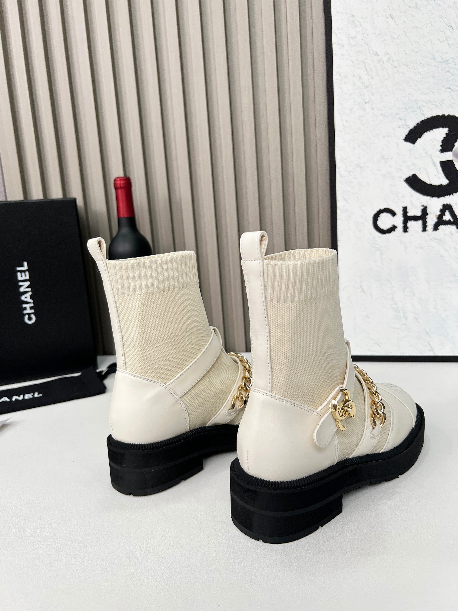 CC Paris Runway Ankle Boots White Calfskin Wool 597918