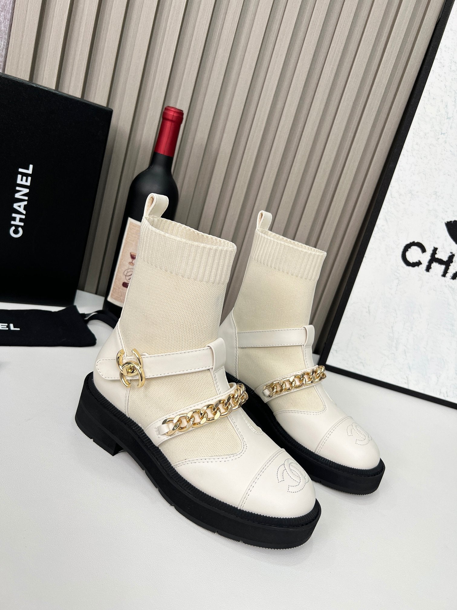 CC Paris Runway Ankle Boots White Calfskin Wool 597918