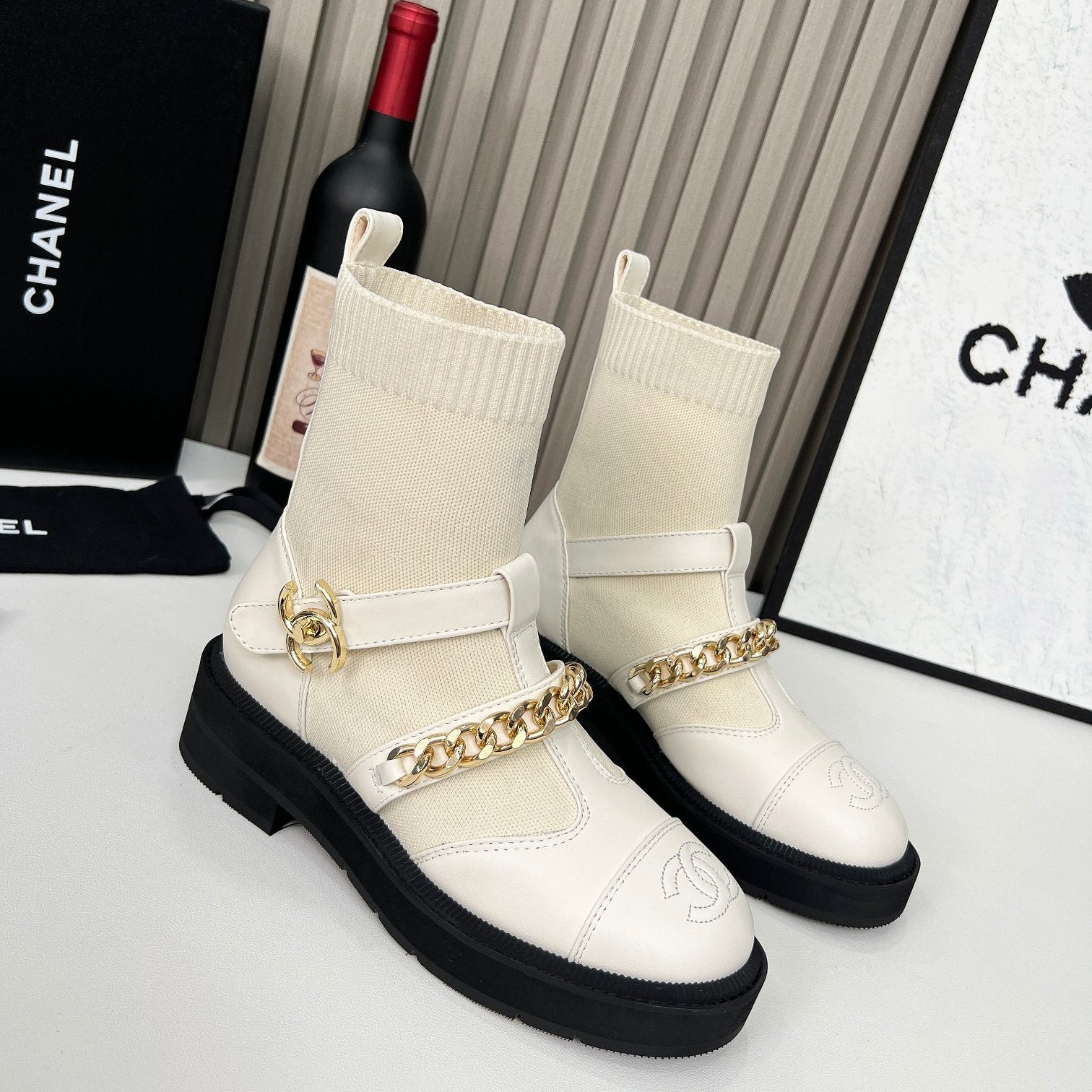 CC 26s Combat Sock Boots White Calfskin Ribbed Knit 924506