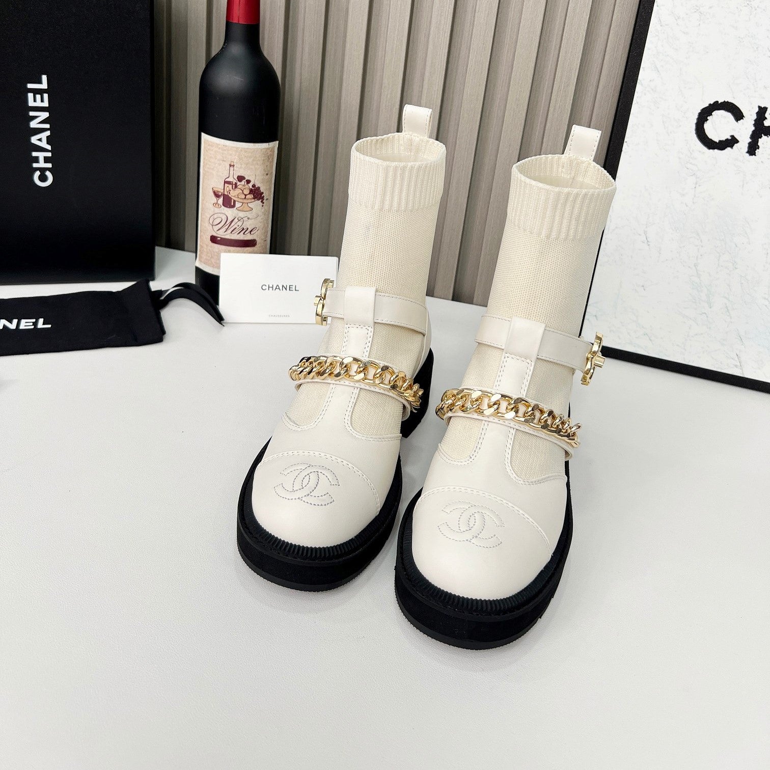 CC Paris Runway Ankle Boots White Calfskin Wool 597918