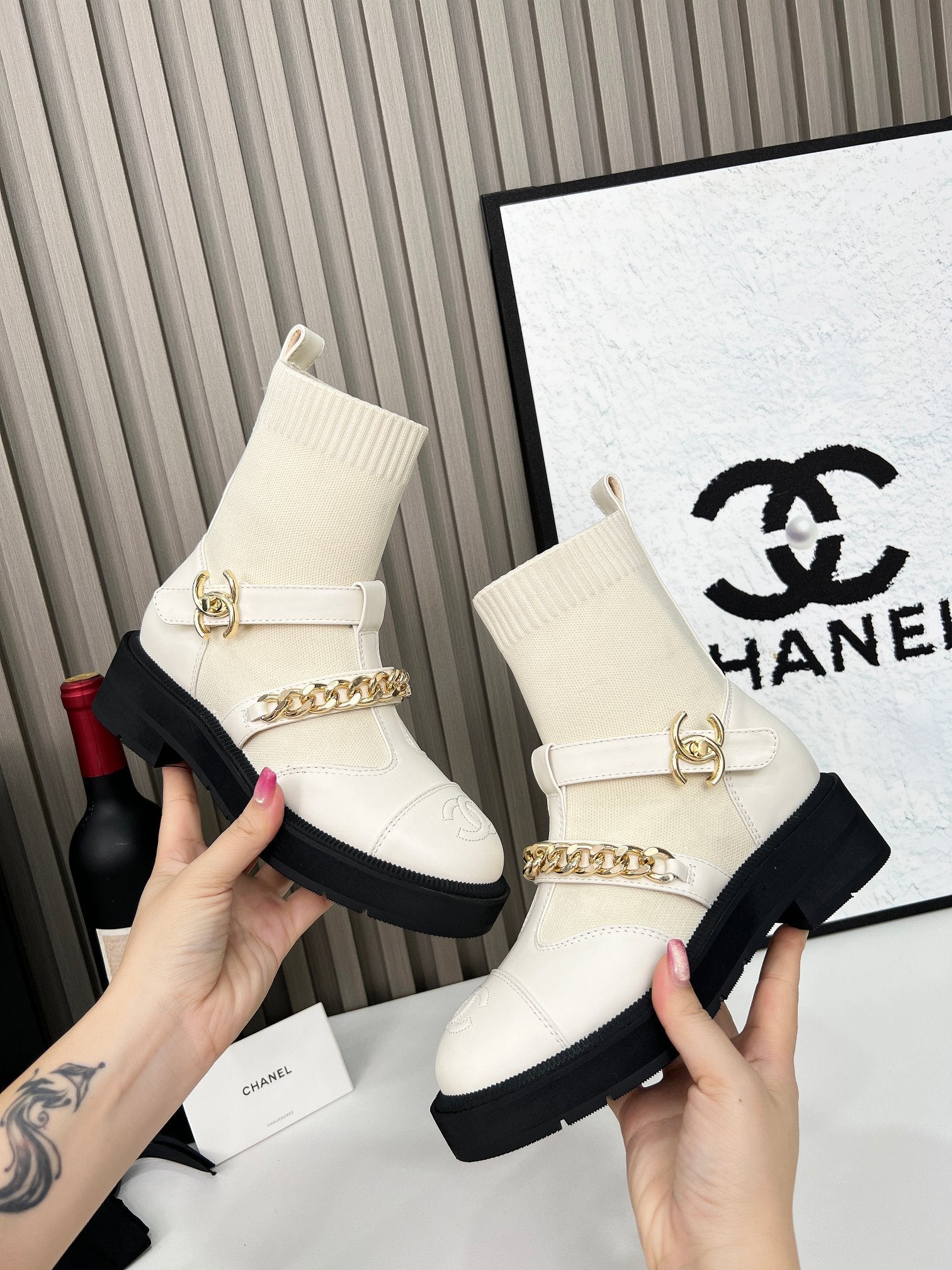 CC Paris Runway Ankle Boots White Calfskin Wool 597918