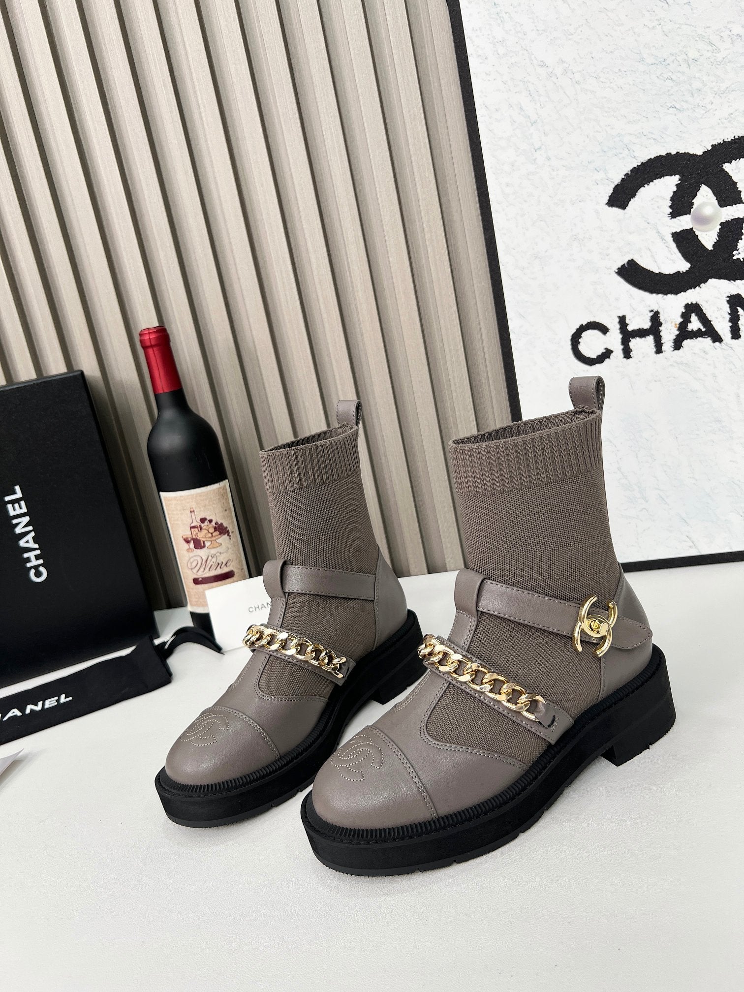 CC Paris Runway Ankle Boots Taupe Calfskin Wool 597919