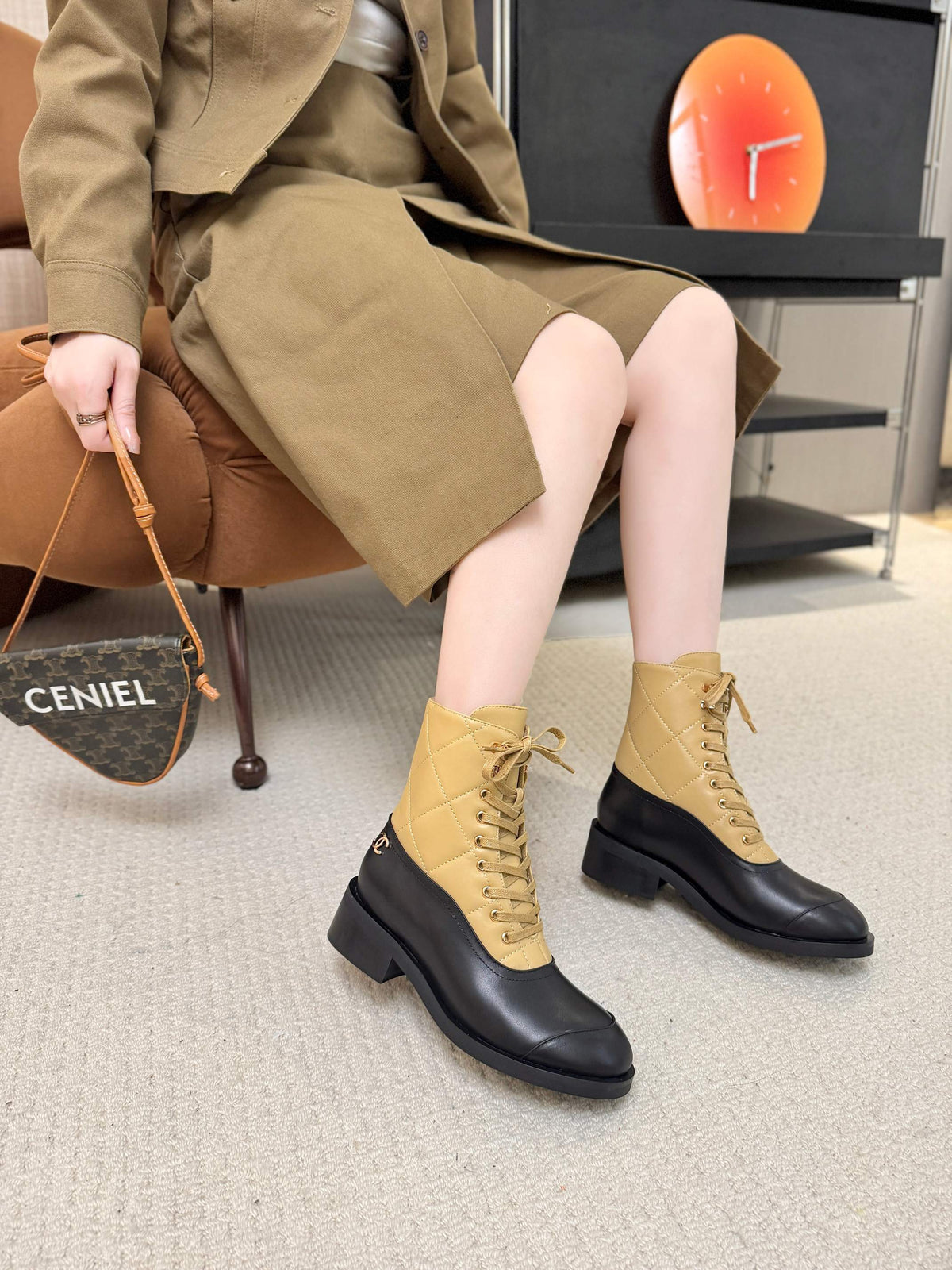 CC 26s Quilted Martin Boots Black Beige Lambskin 100835