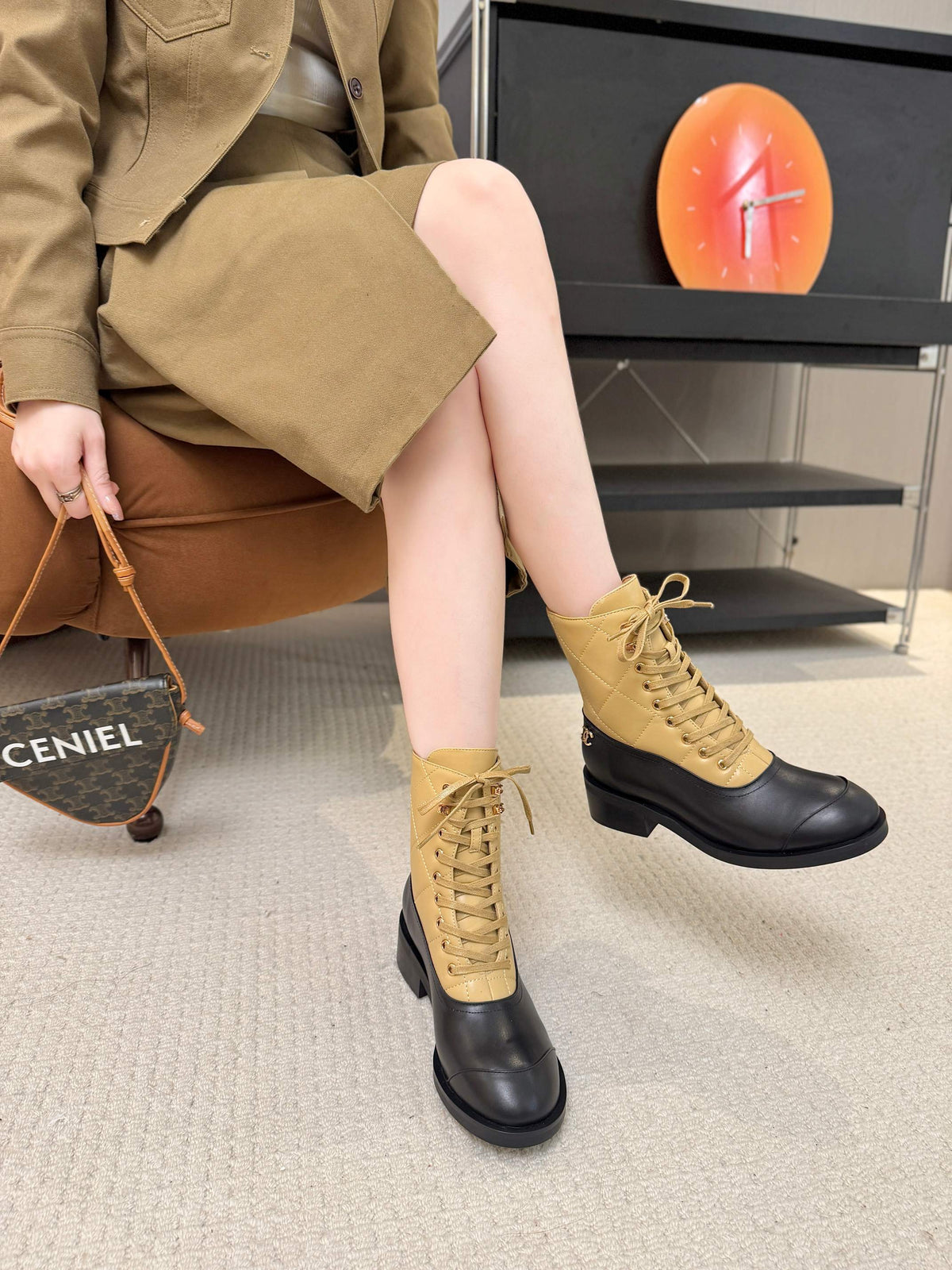 CC 26s Quilted Martin Boots Black Beige Lambskin 100835