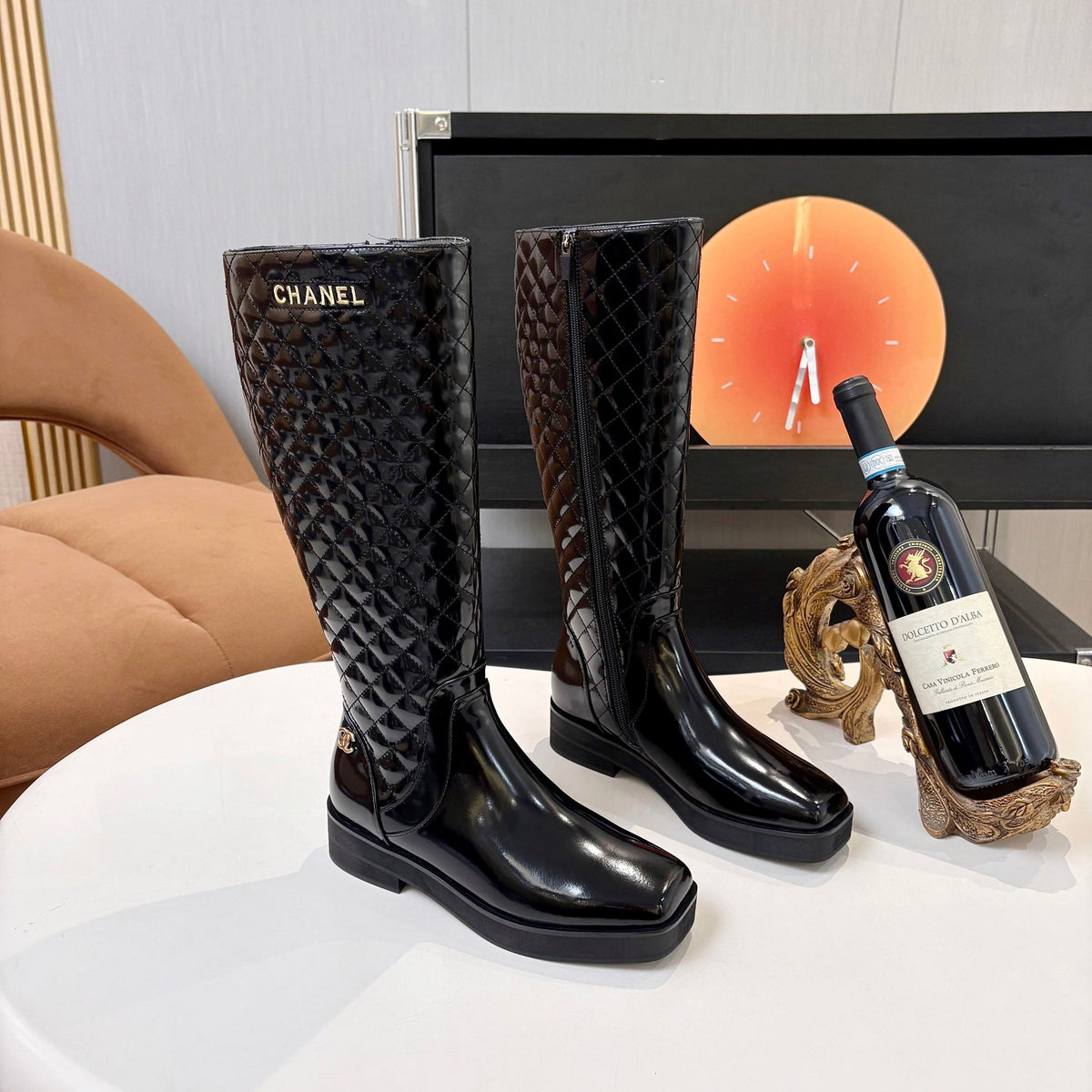 Chanel 26s Quilted High Boots 4cm Black Patent Leather 168209
