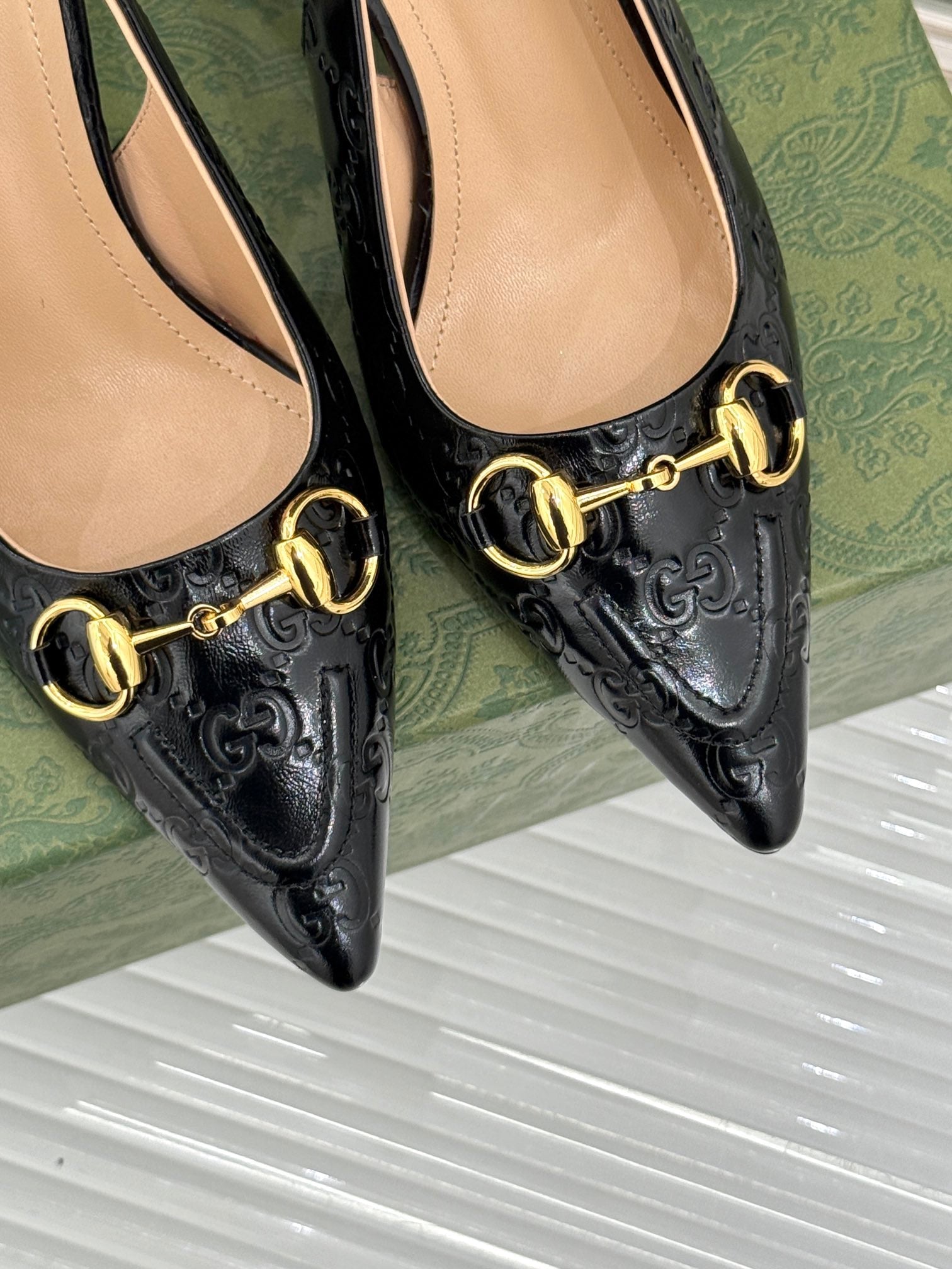 GG Horsebit Slingback 100MM Black GG Leather Point Toe