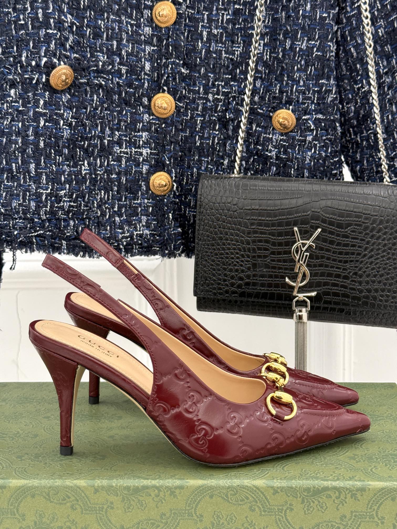 GG Horsebit Slingback 100MM Burgundy GG Leather Point Toe