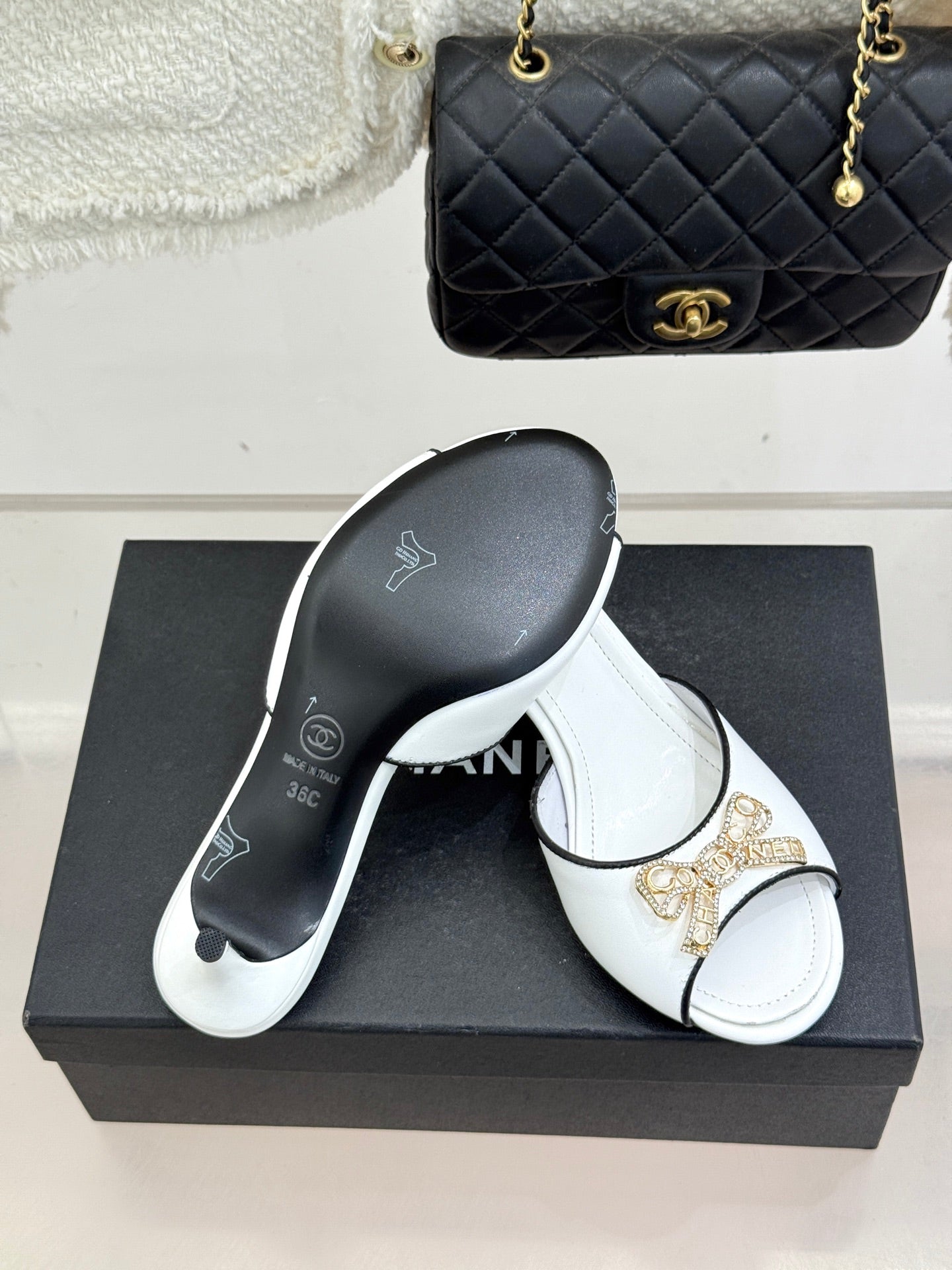 CC Classic Rhinestone Bow Kitty Slippers White Sheepskin 643089