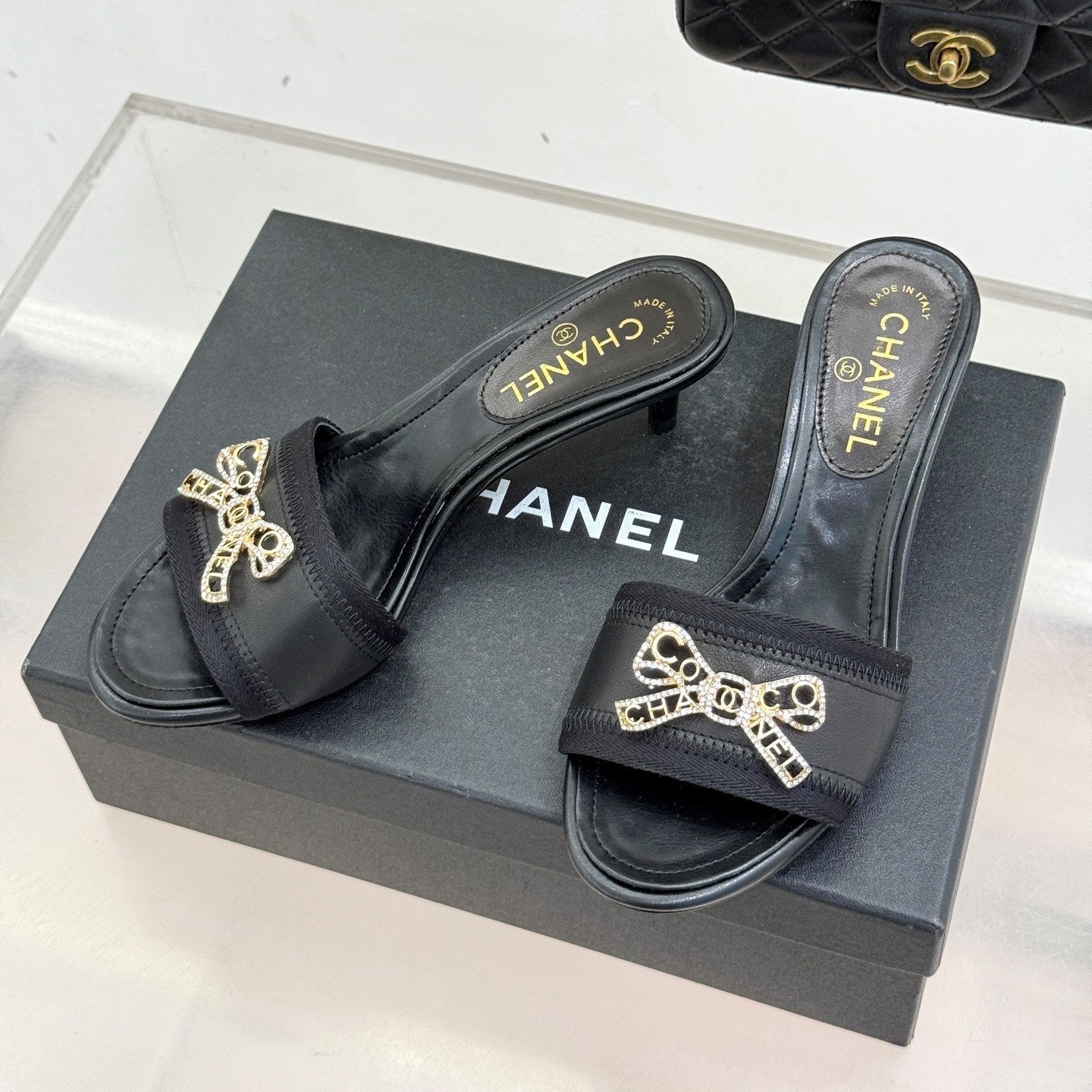 CC Classic Rhinestone Bow Kitty Slippers Black Sheepskin
