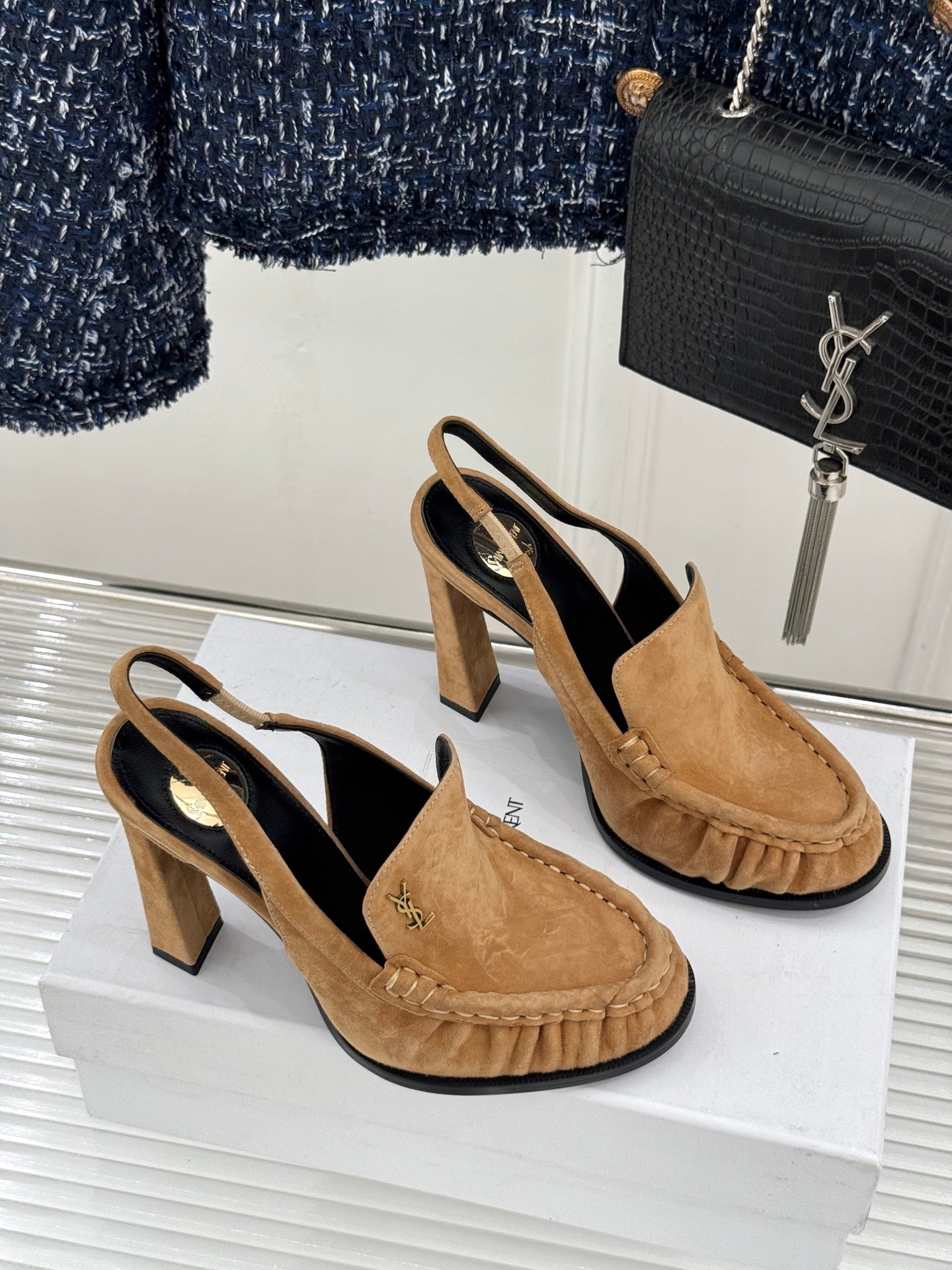 YSL 26WF Le Slingback 10.5cm Tan Suede 642952