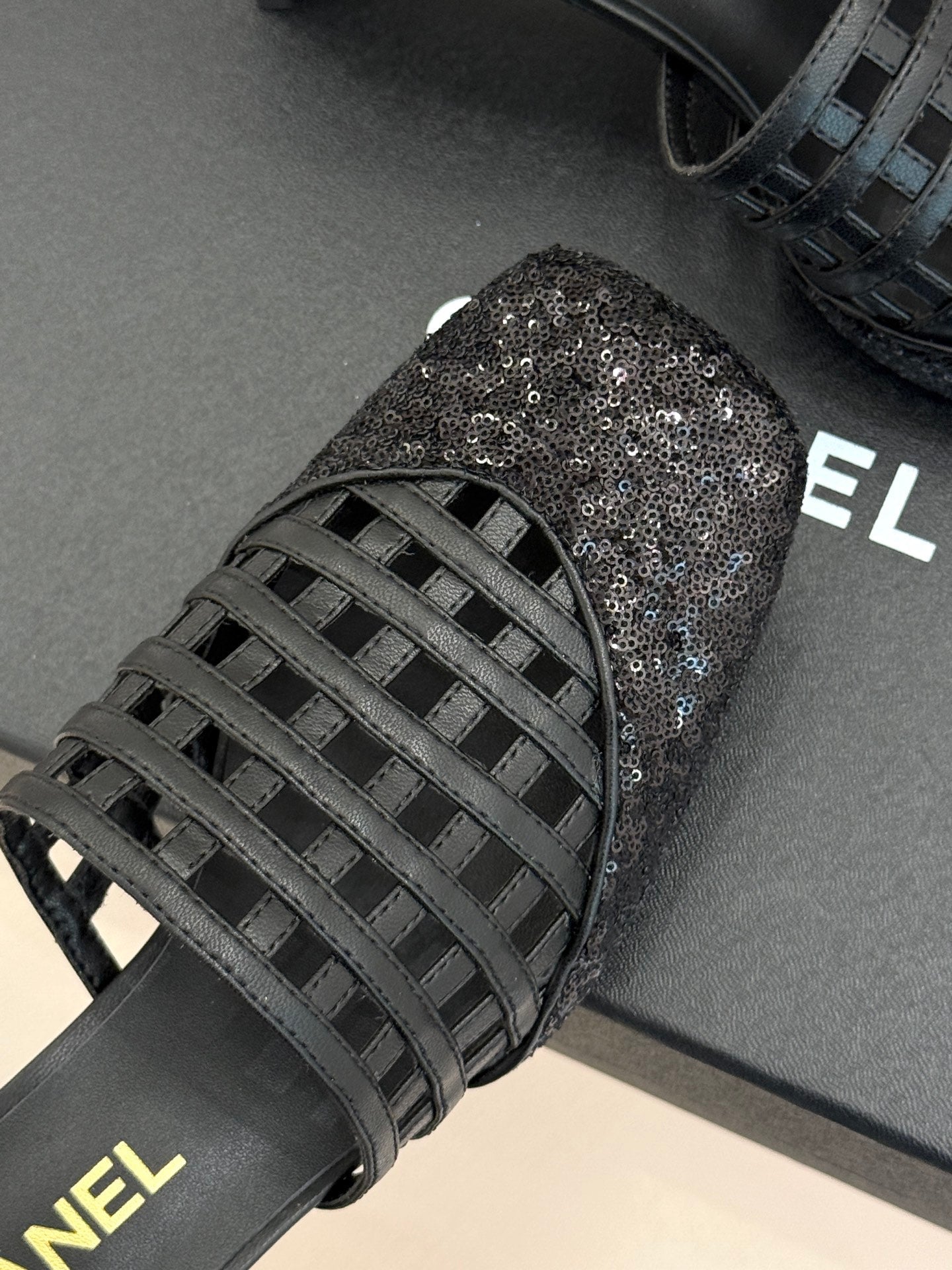 CC Woven Square-Toe Slippers Black Leather 825776