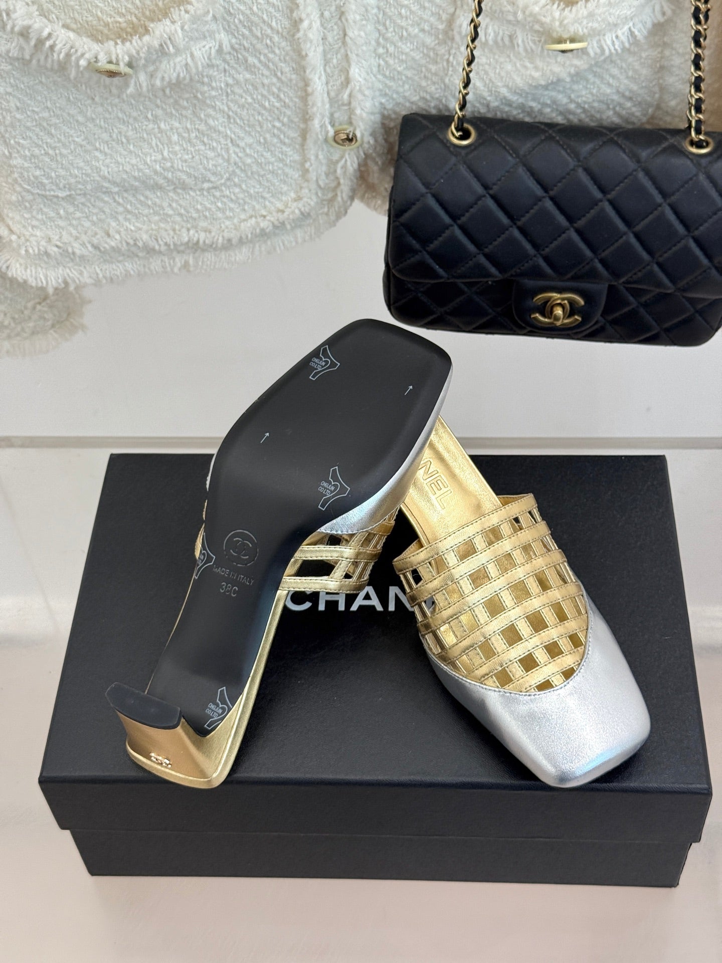 CC Woven Square-Toe Slippers Sliver Gold Metalic Leather 825777