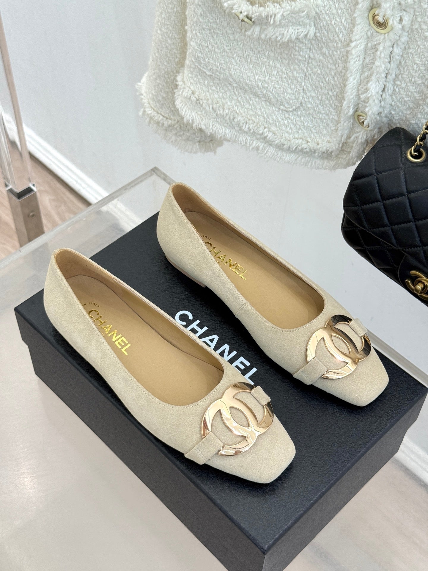 CC 26s Buckle Square Toe Ballet Flat Beige Suede 829732