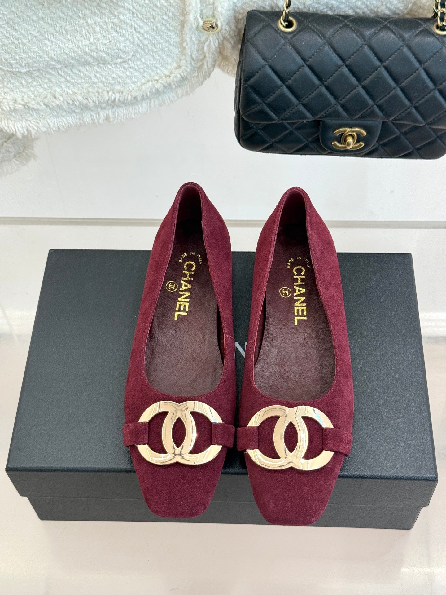 CC 26s Buckle Square Toe Ballet Flat Burgundy Suede 829733