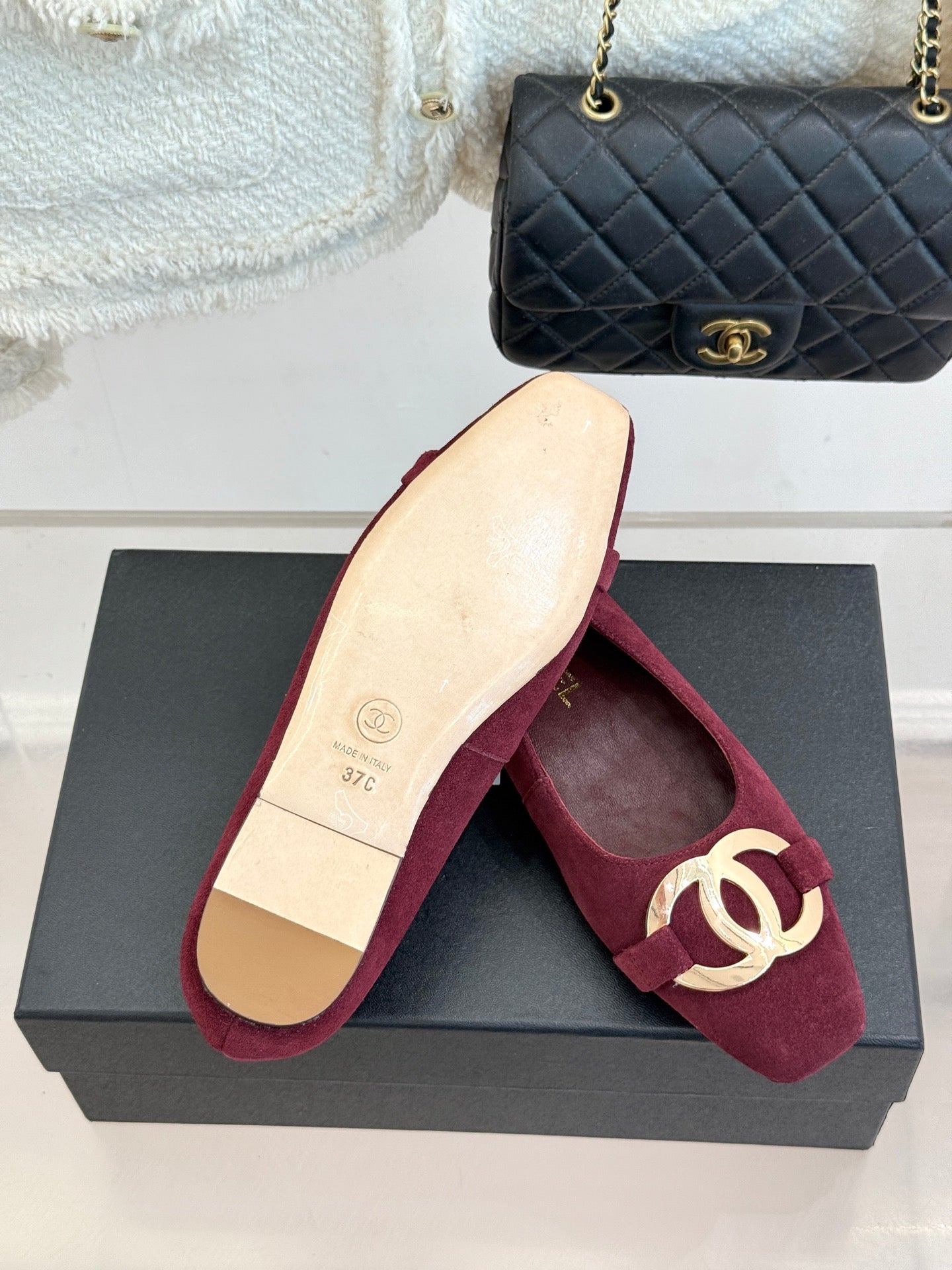 CC 26s Buckle Square Toe Ballet Flat Burgundy Suede 829733