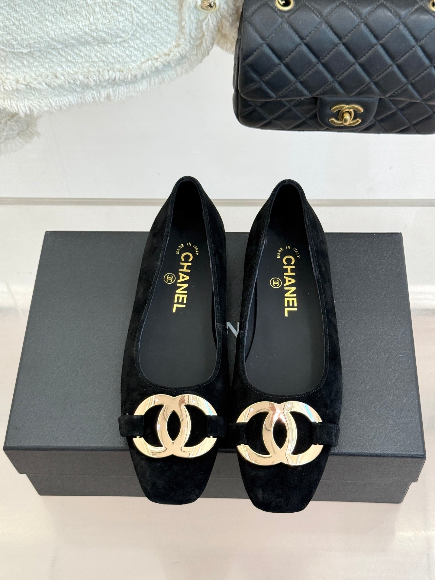 CC 26s Buckle Square Toe Ballet Flat Black Suede 829734