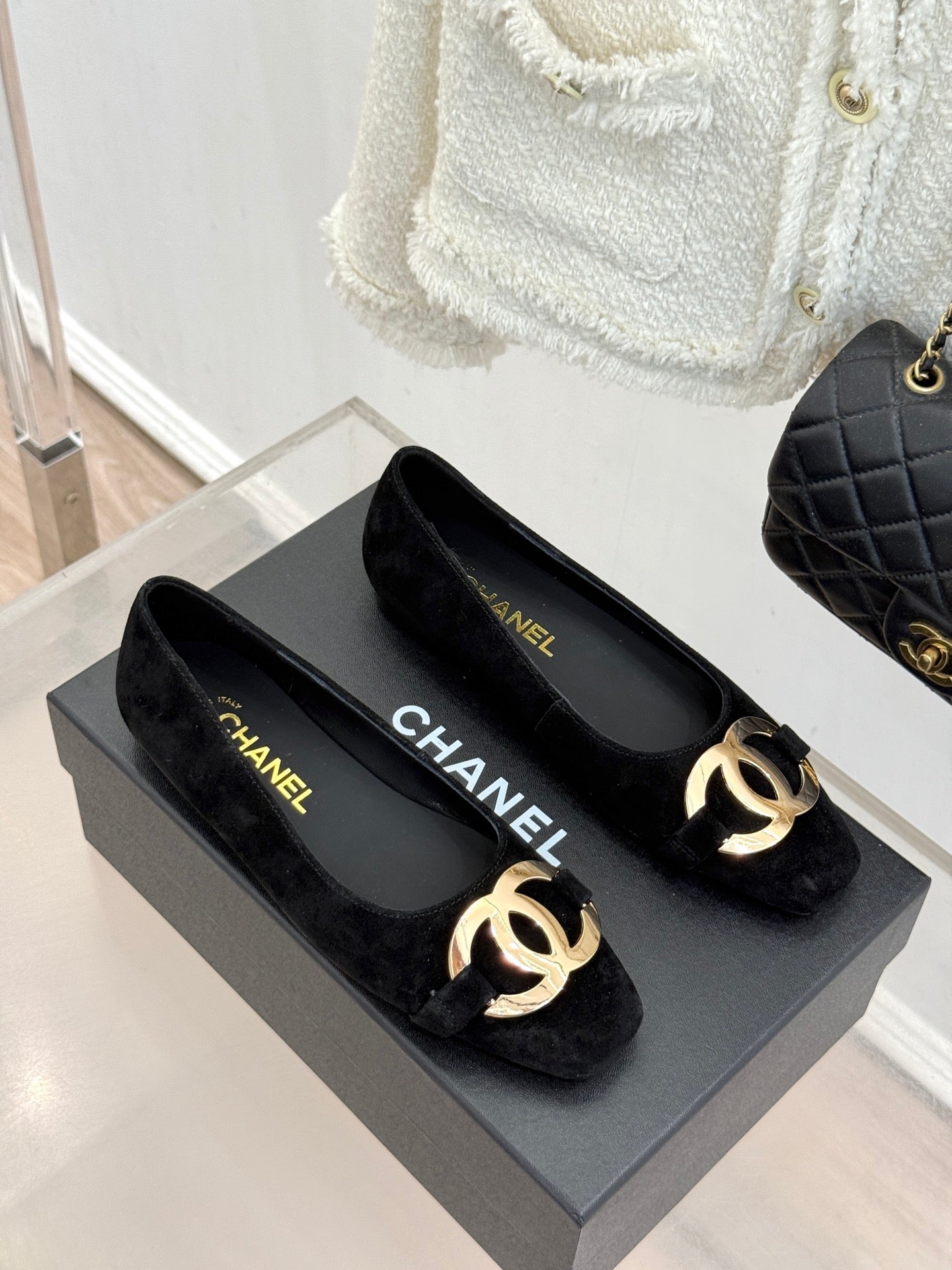 CC 26s Buckle Square Toe Ballet Flat Black Suede 829734